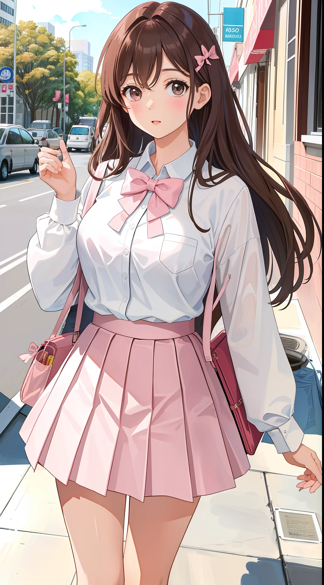 （（tmasterpiece，8K best quality））， 1girll， large tall， cute young woman， Long brown hair， white  shirt， Pink pleated skirt，White panty hose，Large chest，pink bows