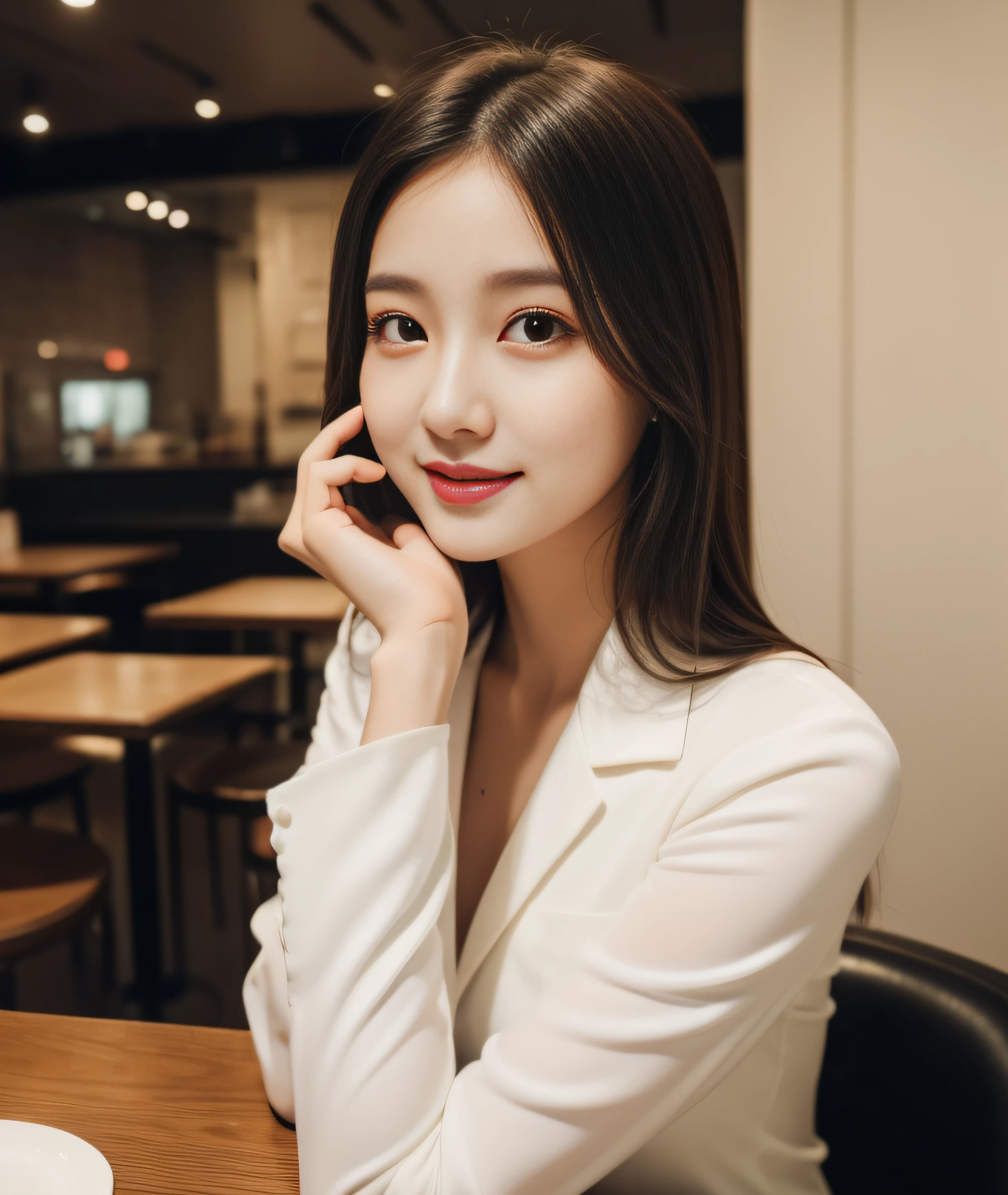 ((best quality, 8K, masterpiece: 1.3)), beautiful girl, pure, melon face, kind and cute, sweet smile, pure desire, slender body, (front), (tilted head), ((looking at camera) ), wearing a white suit, black silky medium hair, long flowing shoulders, round black big eyes, clear big eyes, moist red lips, sweet, sitting in a cafe, cafe background , (((whole body))),