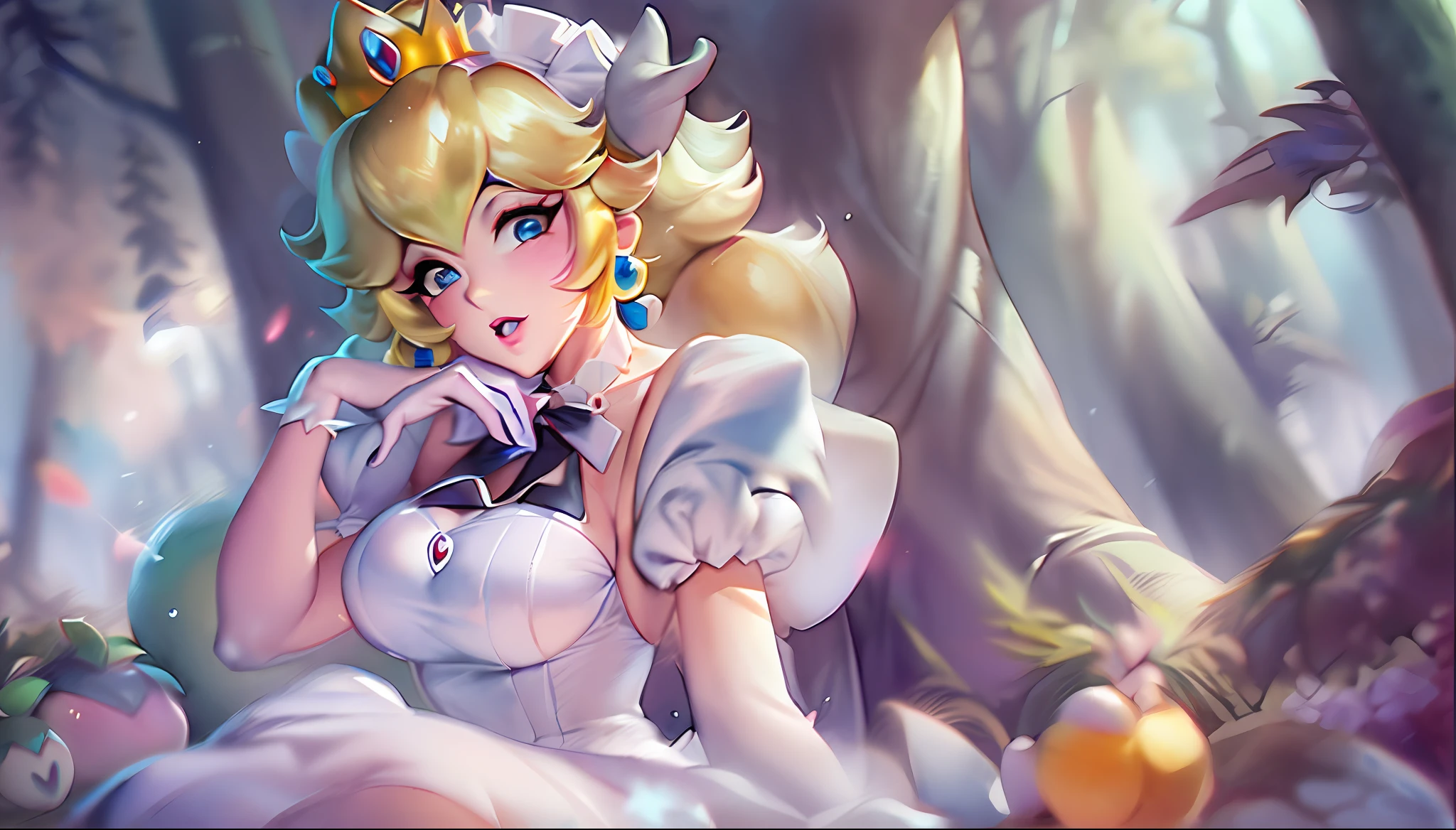 (Princess Peach:1.5),(sexy maid:1.2),(magical forest:1.2),(cutesexyrobutts:1.2),(RossDraw 2.5:1.1),(KDA:1.1),(WLOP:1.1),(Sakimichan:1.1),(watercolor:1.2)