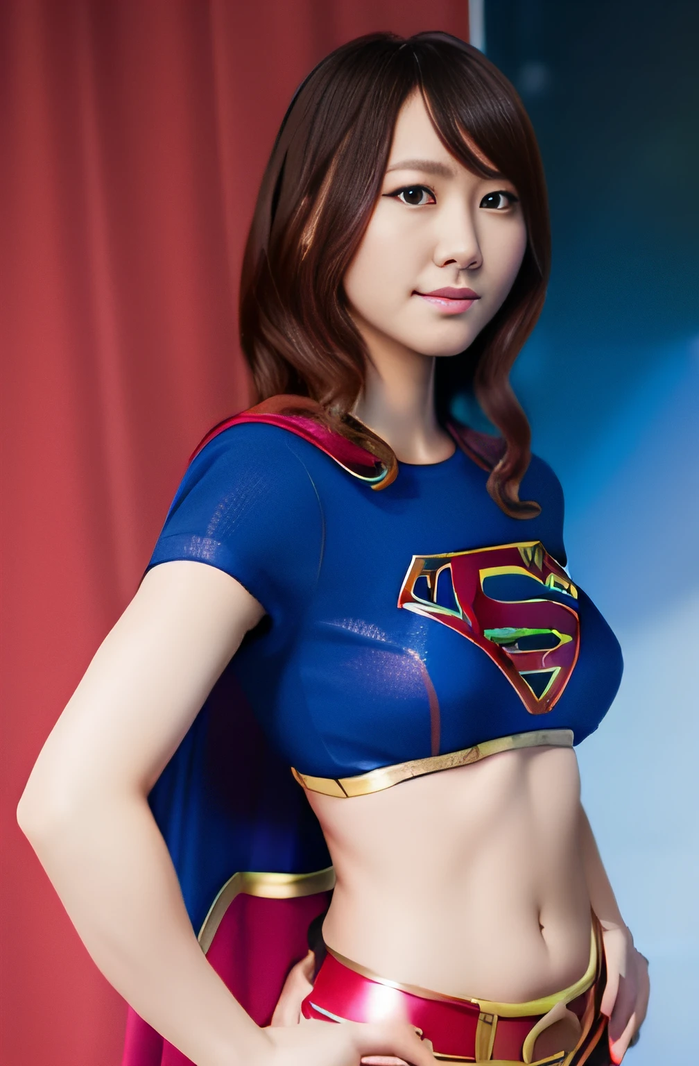 ​masterpiece、Supergirl Cosplay、Ultra mini skirt、Navel out、Hands on the hips、large full breasts、Colossal tits、Looking at the camera、hotpants、Body Conscious