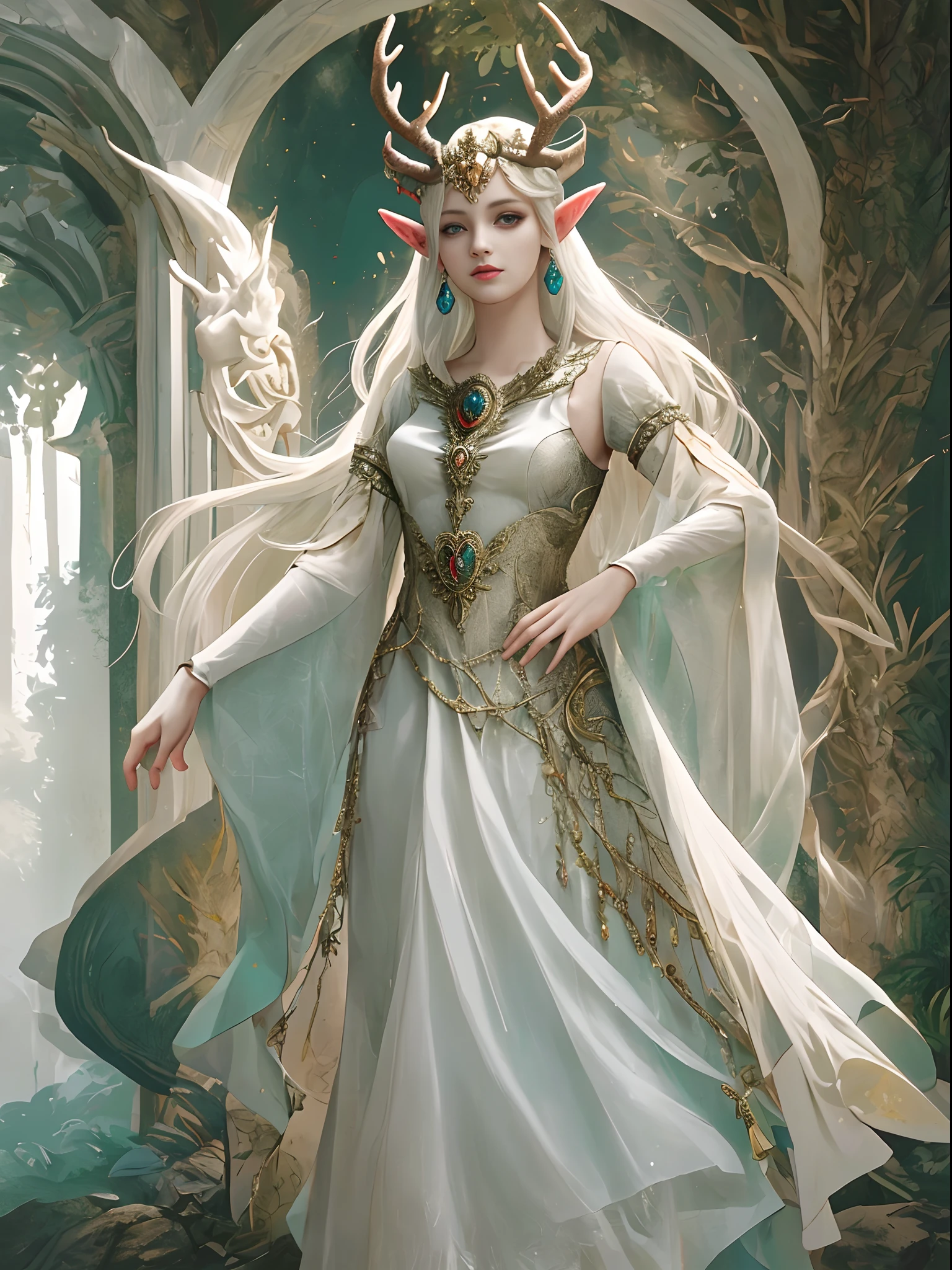 female elf, em vestido ornamentado, cabelos brancos, orelhas pontudas, deer antlers on his head, Age of the elven dragon goddess, corpo perfeitamente proporcionado, flores, folhas, cervo branco, oniluz, floresta, dramatic light, Cinematográfica Ross Tran, Wlop, detalhe intrincado, fundo escuro, HD,