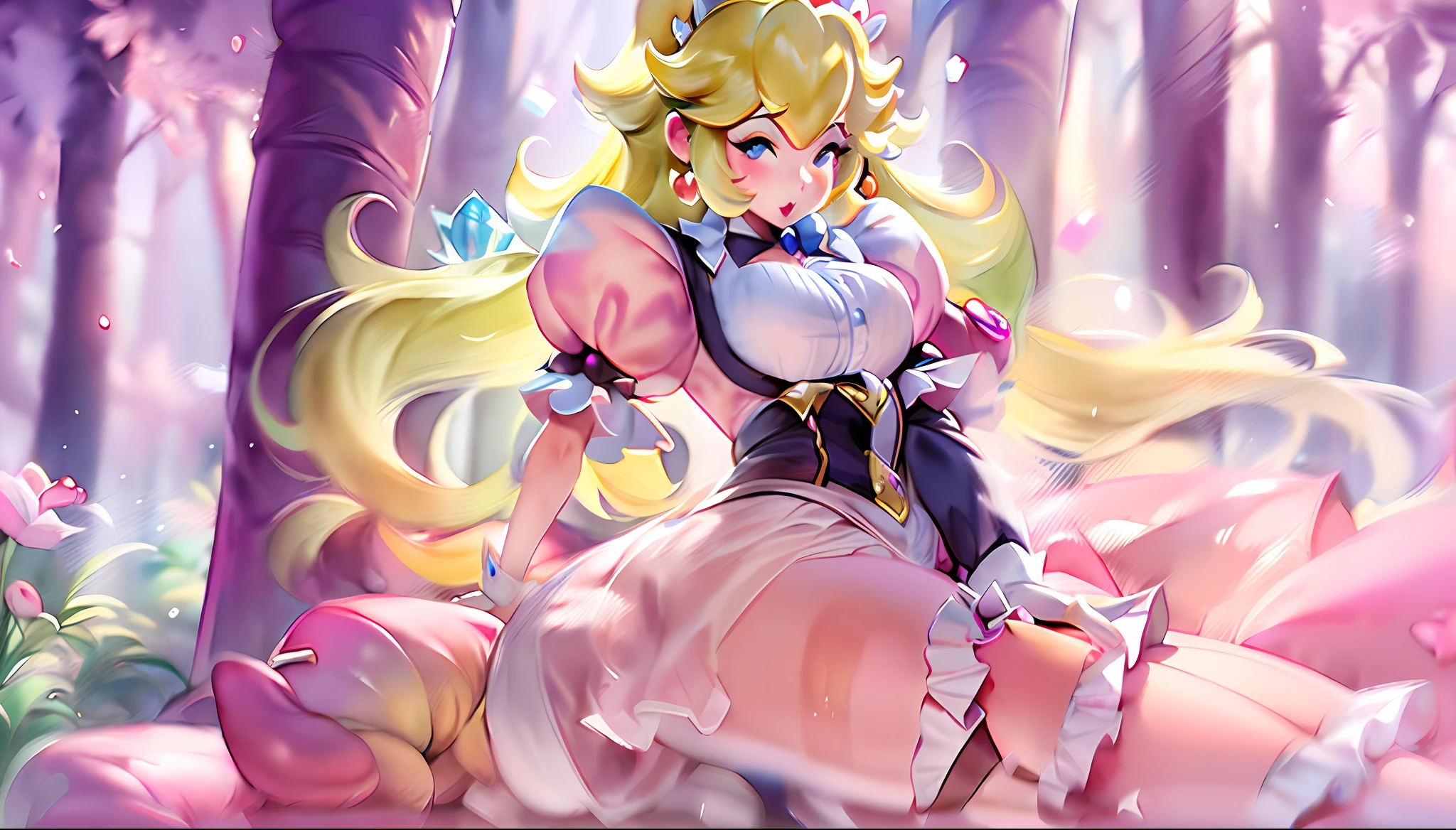 (Princess Peach:1.5),(sexy maid:1.2),(magical forest:1.2),(cutesexyrobutts:1.2),(RossDraw 2.5:1.1),(KDA:1.1),(WLOP:1.1),(Sakimichan:1.1),(watercolor:1.2)