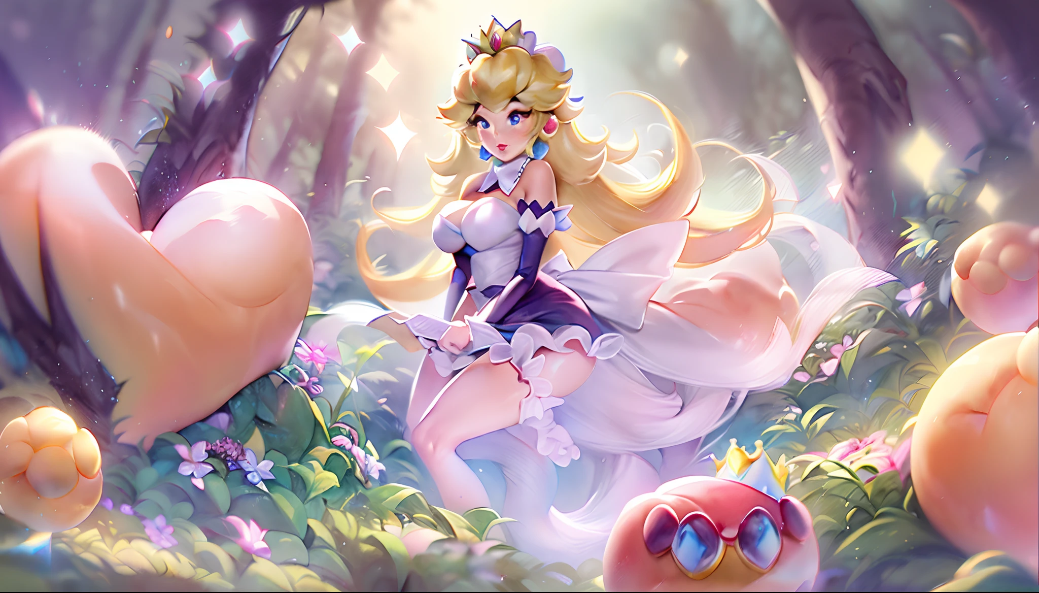 (Princess Peach:1.5),(sexy maid:1.2),(magical forest:1.2),(cutesexyrobutts:1.2),(RossDraw 2.5:1.1),(KDA:1.1),(WLOP:1.1),(Sakimichan:1.1),(watercolor:1.2)
