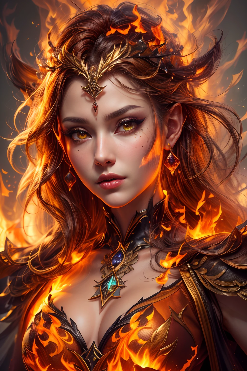 This (realistic fantasy) art contains embers, real flames, real heat, and realistic fire. Generate a masterpiece artwork of a petite female fire druid with large (((orange and gold))) eyes. The fire druid is awe-inspiring with beautiful ((realistic fiery eyes)) alight with confidence and power. Her features are elegant and well defined, with ((soft)) and (((puffy))) and (((smooth))) lips, elven bone structure, and realistic shading. Her eyes are important and should be the focal point of this artwork, with ((extremely realistic details, macro details, and shimmer.)) She is wearing a billowing and glittering gown ((made of realistic flames)) and jewels that glimmer in the fire light. Wisps of fire and smoke line the intricate bodice of the dress. Include bumps, stones, fiery iridescence, glowing embers, silk and satin and leather, an interesting background, and heavy fantasy elements. Camera: Utilize dynamic composition techniques to enhance the realistic flames.