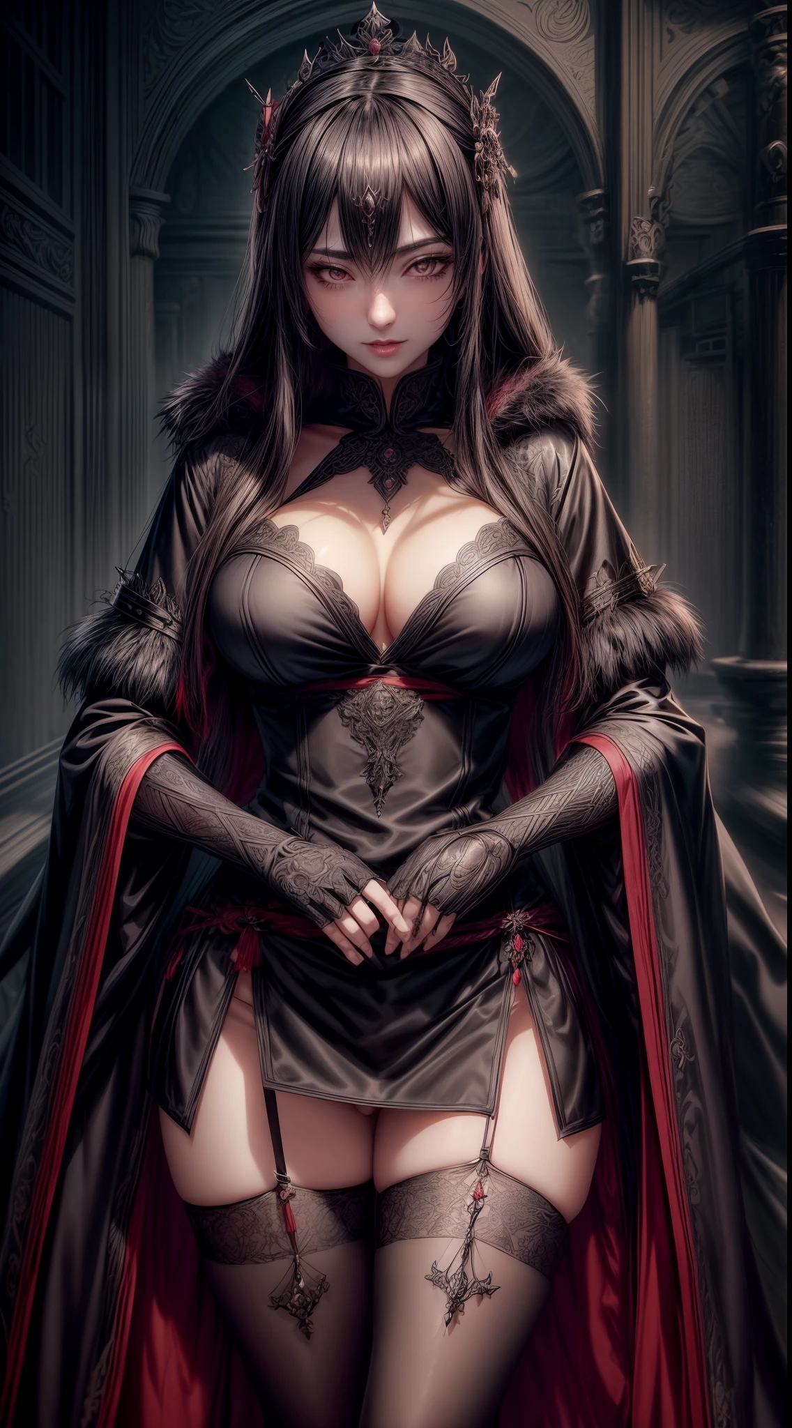gothic warrior queen in kimono robe and midi skirt, satin, fur, (stockings), decollete, natural breasts, slim body, zettai ryouiki, medium length hair, beautiful detailed eyes, portrait, most realistic, highest quality, best pixels, 8k ultra