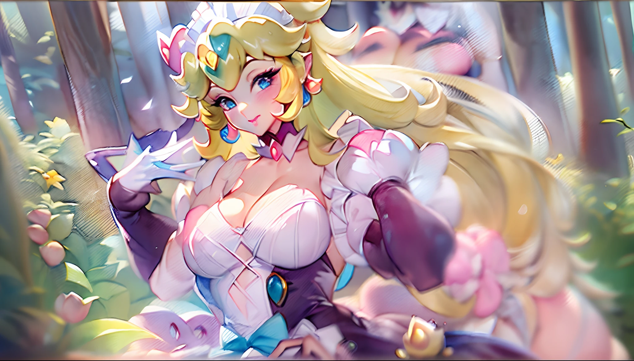 (Princess Peach:1.5),(sexy maid:1.2),(magical forest:1.2),(cutesexyrobutts:1.2),(RossDraw 2.5:1.1),(KDA:1.1),(WLOP:1.1),(Sakimichan:1.1),(watercolor:1.2)