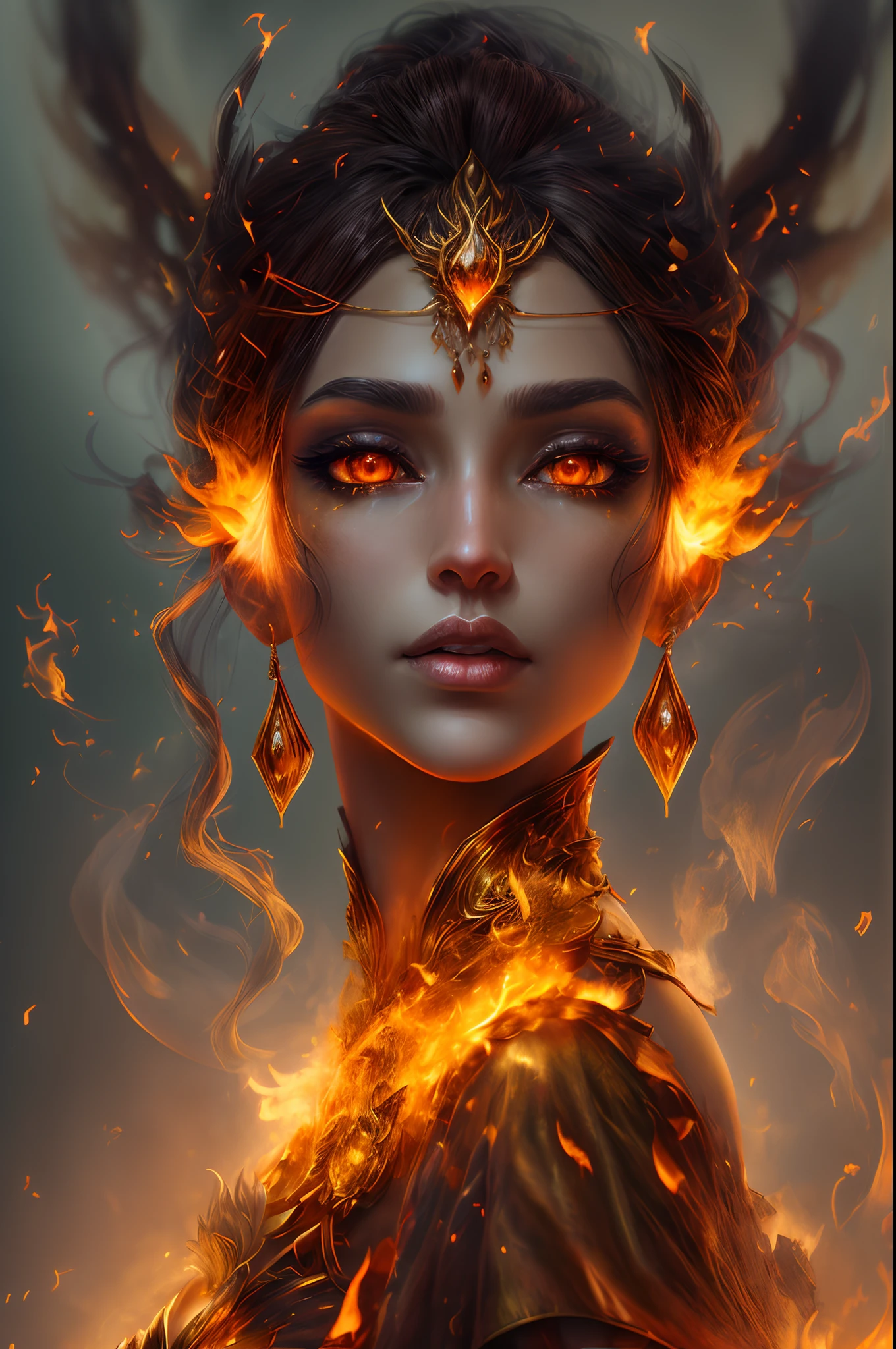 This (realistic fantasy) art contains embers, real flames, real heat, and realistic fire. Generate a masterpiece artwork of a petite female fire druid with large (((orange and gold))) eyes. The fire druid is awe-inspiring with beautiful ((realistic fiery eyes)) alight with confidence and power. Her features are elegant and well defined, with ((soft)) and (((puffy))) and (((smooth))) lips, elven bone structure, and realistic shading. Her eyes are important and should be the focal point of this artwork, with ((extremely realistic details, macro details, and shimmer.)) She is wearing a billowing and glittering gown ((made of realistic flames)) and jewels that glimmer in the fire light. Wisps of fire and smoke line the intricate bodice of the dress. Include bumps, stones, fiery iridescence, glowing embers, silk and satin and leather, an interesting background, and heavy fantasy elements. Camera: Utilize dynamic composition techniques to enhance the realistic flames.