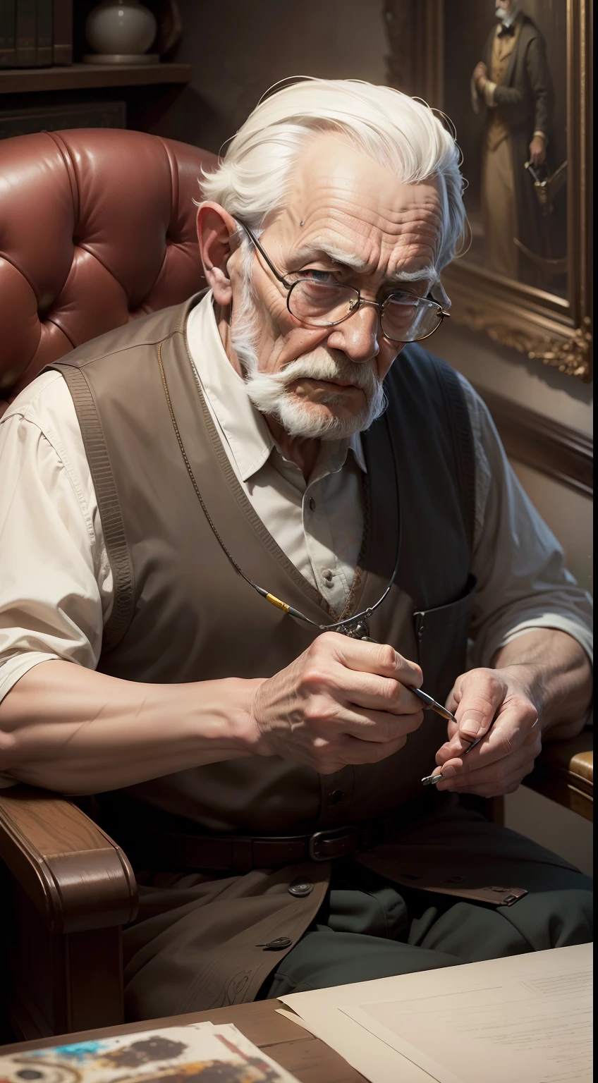 old man on chair, complex things around, intricate in the background, art, close-up, painting, detailed, cartoon, cinematic shot, fantasy, low saturation, vignette, [hdr]