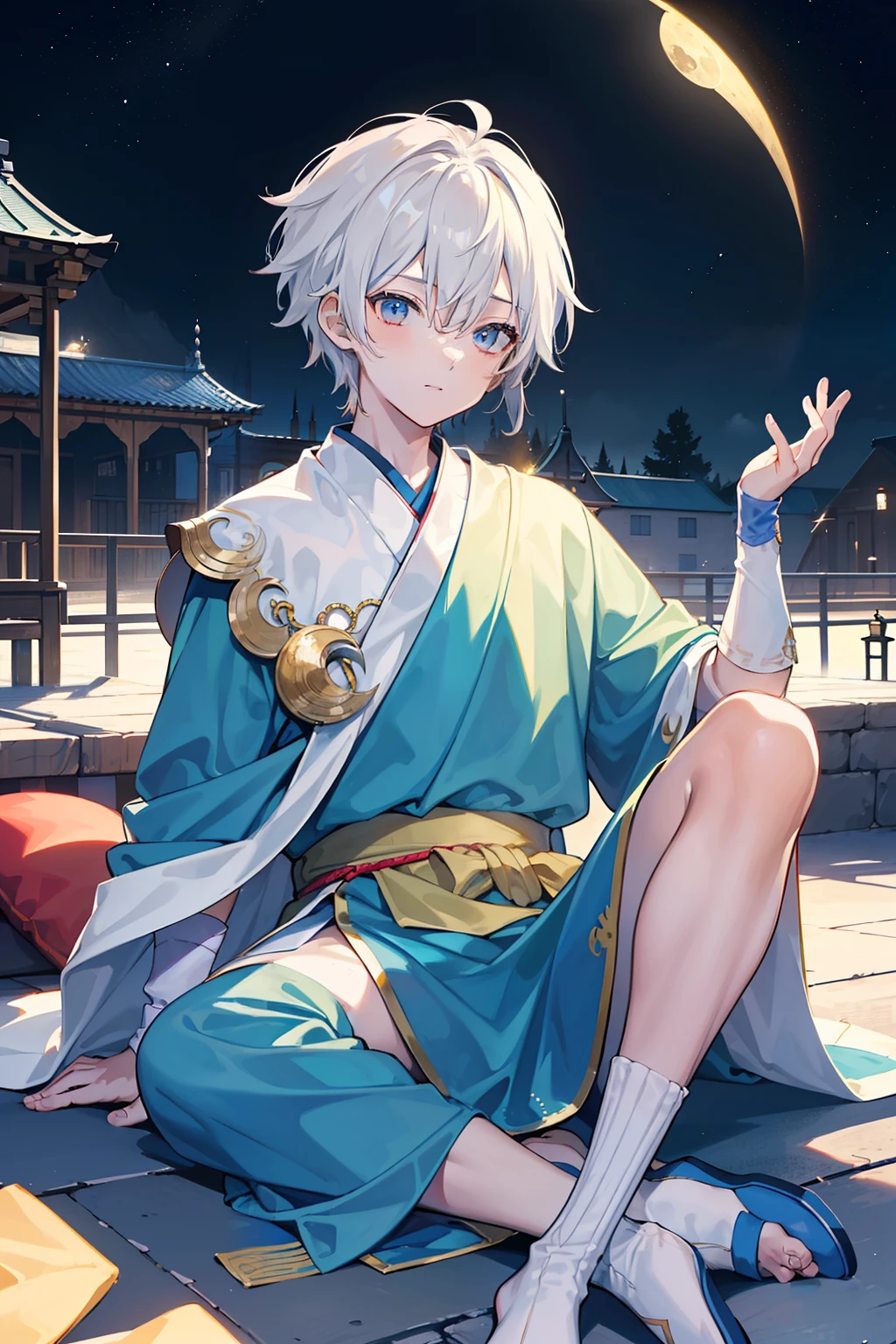(top-quality、masterpiece)、(1boy、独奏、Physical education sitting、watching at viewers、)One boy sitting on a crescent moon、Dressed in national costume、Dressed in a traditional poncho、Mash、magic carpet、Physical education sitting