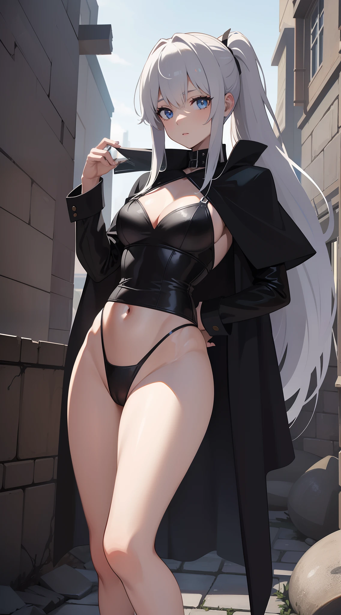 HighestQuali,Need,tmasterpiece,A high resolution,1girll,Black leather underwear,Black cape,With a collar around the neck,Water stains between the thighs,nabel,Detailed panties,Panties outline the toes of the camel,废墟(Standing naked),The burning light of the flame,Dingdall effect,Ray traching,realistic detail,RTX,8K,White color hair,High ponytail,Between the ruins