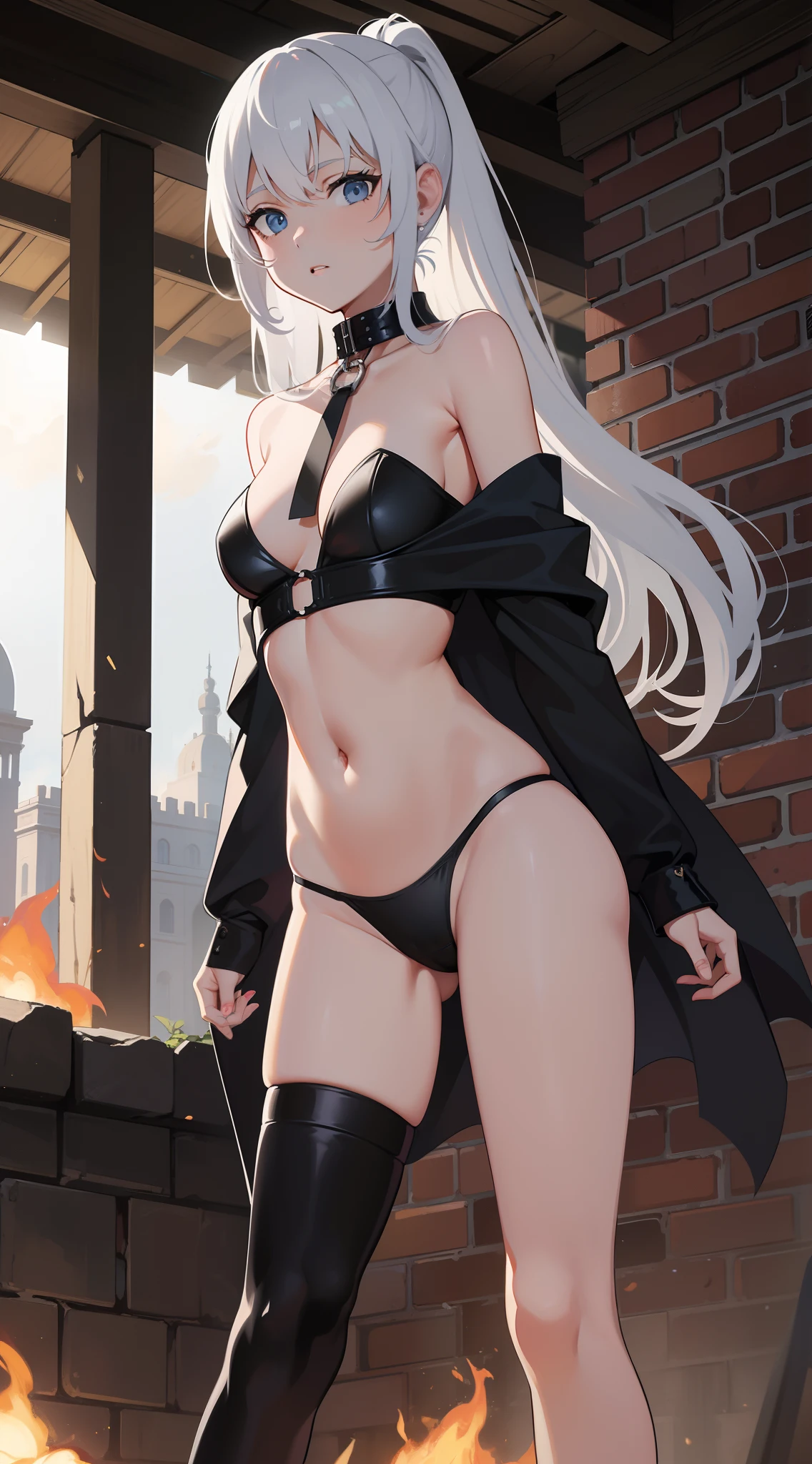 HighestQuali，Need，tmasterpiece，A high resolution，1girll，Black leather underwear，Black cape，With a collar around the neck，Water stains between the thighs，nabel，Detailed panties，Panties outline the toes of the camel，废墟（Standing naked），The burning light of the flame，Dingdall effect，Ray traching，realistic detail，RTX，8K，White color hair，High ponytail，Between the ruins