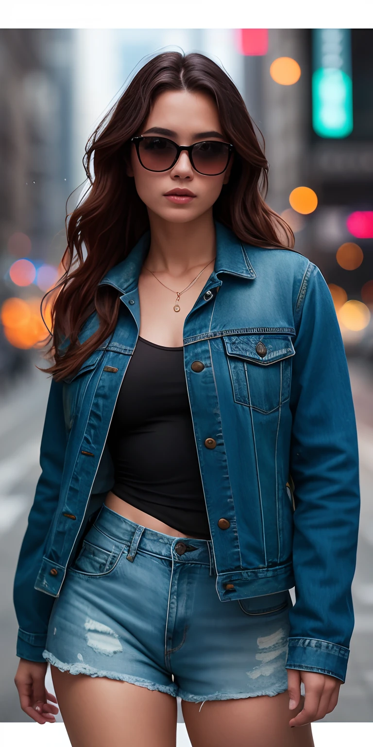 Full face portrait photo of a 25-year-old European girl,primitive,Beutiful women,semi-open strawberry lips,dimple,The look of longing,(Extra-long wavy brown hair),((A detailed的脸)),((detailedfacialfeatures)),(finelydetailedskin),paleskin,(Details Deep neckline),Cyberpunk metropolitan environment,(cold shades),soggy,soggy,Reflectors,(tmasterpiece)(perfectly proportions)(photograph of-realistic)(best qualtiy)(A detailed)Shot on a Canon EOS R5, 50mm lens, f/2.8, hdr, (8K) (the wallpaper) (cinmatic lighting) (Dramatic lighting) (Sharp focus) (复杂), Original photo, Original photo, Gigachad photo, Pose the camera,torn denim shorts, back arms, 8K UHD, digital SLR camera, high high quality, Granular film, 富士XT3