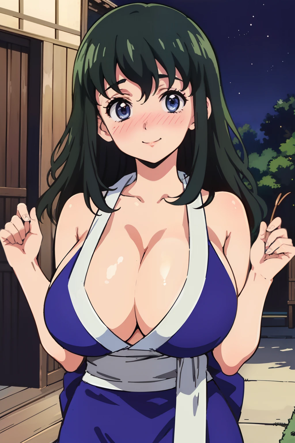 Suma_(Demon_Slayer), best quality, ultra-detailed, high resolution, (cleavage, huge breasts:1.2), black hair, pelvis curtain, blue japanese clothes, revealing clothes, sash, (1990s \(style\),retro artstyle,1990s anime cels style), japan, traditional, outdoors, looking at viewer, sideboob, (nose blush:1.2), smile, closed mouth, from front, night