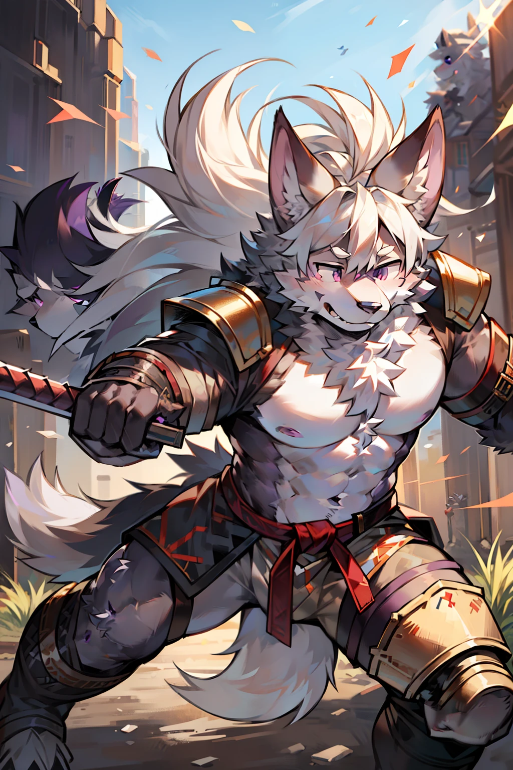 Double，shaggy male，hairy chest，coyote，canid，Gray fur，long  white hair，The ends of the hair are purple，a purple eye，Bullied，adolable，Handsome，large tail，full bodyesbian，samurais，is dressed in armor，stretched action，On the battlefield，