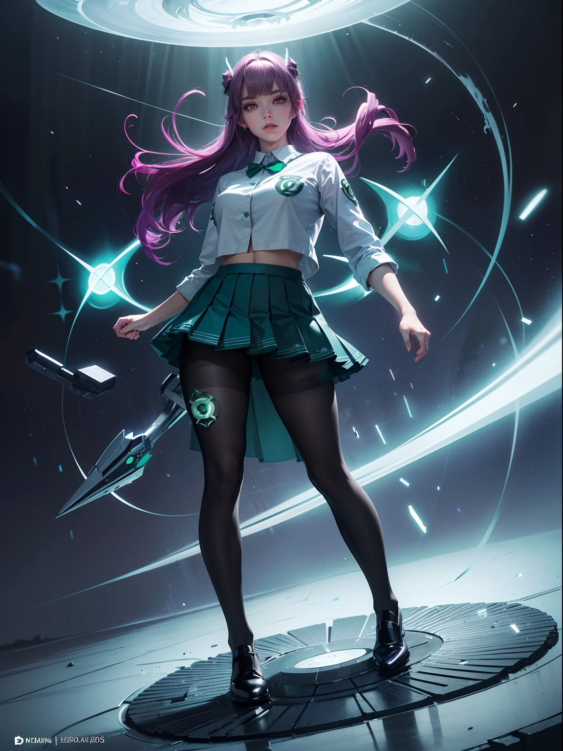 (full body:1.5),(1girl:1.3),(looking at viewer:1.4),(anatomy correct:1.3),(In the paradise of the day:1.3),(Wearing Green Lantern suit JK uniform printed Ultra short pleated skirt and JK uniform leather shoes with bow decoration ,and Very thick Printed Pantyhose :1.35), (Light particle effect:1.3),(In pink | amarelo | blue colors| green color |red colors | white colors| black in color| purpleish color| greys| Beige| Flesh color 1.4),(Glowing eyes:1.3),(Large amplitude action: 1.3),(Accurate and perfect face:1.4),(Clothing Gloss:1.25),(Skin reflection:1.25),hyper HD, Ray traching, reflective light,structurally correct, Award-Awarded, high detal, lightand shade contrast, Face lighting,cinmatic lighting, tmasterpiece, super detailing, high high quality, high detal, best qualityer, 16k,high contrast,