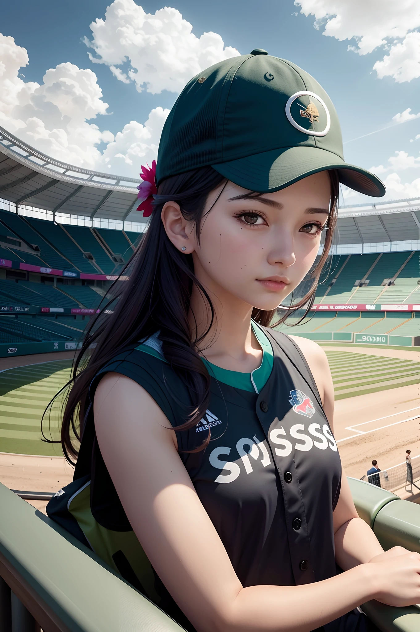 Arad woman sitting on bench in baseball uniform, Realistic anime 3 D style, Detailed digital anime art, stunning digital illustration, Guviz-style artwork, Ross Tran 8 K, Beautiful digital artwork, 3 d anime realistic, realistic anime artstyle, photorealistic anime girl rendering, Smooth anime CG art, Digital anime illustration, Beautiful digital illustration