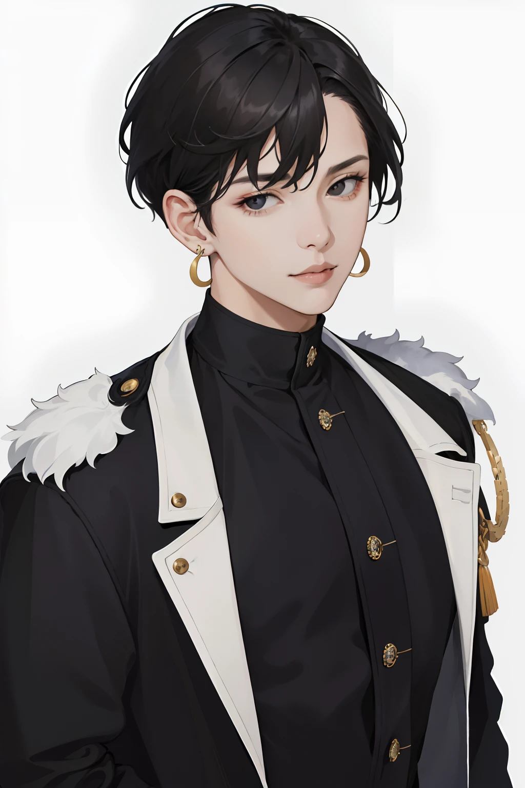Masterpiece, absurdres, fine details, HDR,
solo, looking at viewer, short hair, bangs, simple background, black hair, 1girl, white background, hair between eyes, jewelry, closed mouth, jacket, undo, earrings, gray background, black eyes, coat, black jacket, black shirt, portrait, black coat, realistic, FH