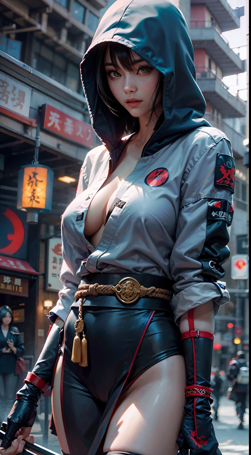 A Japanese woman walking in the city,Buildings,A plant,ssmile,Mixed Korean,The background is blurred out,focal,电影灯光,(((tmasterpiece))), ((best qualtiy)), ((Complex and detailed)), ((ultra-realistic realism)), Ridiculous resolution, A MILF, Mature woman, ssee-through, highly detailed, illustratio, 1girll, (huge tit), Thin waist and thick hips,long leges,beatiful detailed eyes, short detailed hair, brunette color hair, a purple eye, (ninja suit:1.2),ninja clothes,Ninja bandana,Ninja gloves,Ninja Night Suit,Ninjutsu,Ninja leggings,Ninja leggings,Ninja lace,Ninja socks,Ninja black stockings,Ninja tools,shinobi mask,Ninja hood,Played by Naruto,(No underwear),pantiess, detailed back ground, perfect eyes, Seductive eye, looking at viewert, From the front,Wear light,