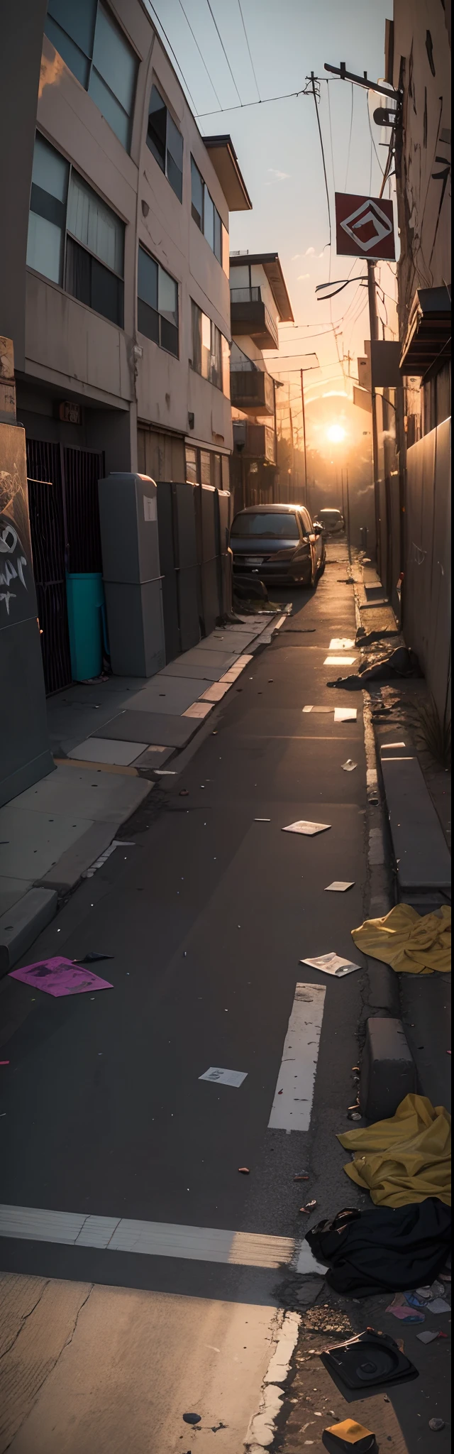 scribbles，wall Graffiti，Violent spray paint，the street，Garbage accumulation，The setting sun shines obliquely，The streets are long，NOhumans，Rats on the way，Some street lights are on and some are off，Flies fly，There are bullet holes in the wall，