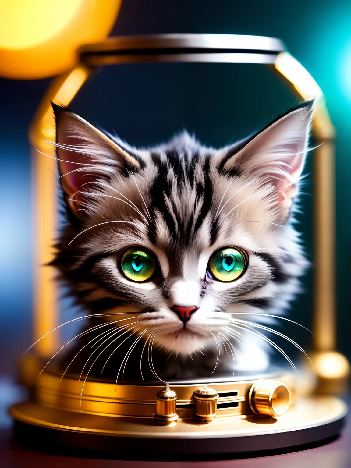a cute fluffy kitten made out of metal, cyborg, cyberpunk style, clockwork, ((intricate details)), hdr, big eyes, ((intricate details, hyperdetailed)), vacuum tube or electron tube, cinematic shot, vignette, bokeh effect beckground