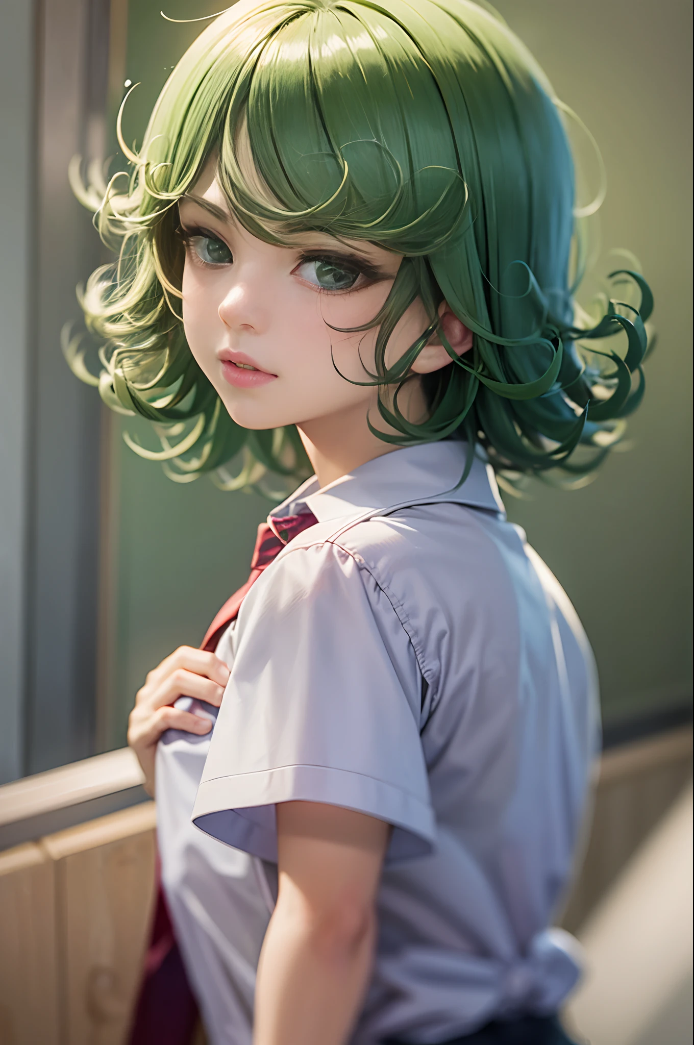 (obra maestra, mejor calidad: 1.2), solo, 1girl, tatsumaki, no fun, boca cerrada, mirando al espectador, mano en la cara, sentado, piernas cruzadas, camisa con cuello, corbata, falda,muslos grandes.