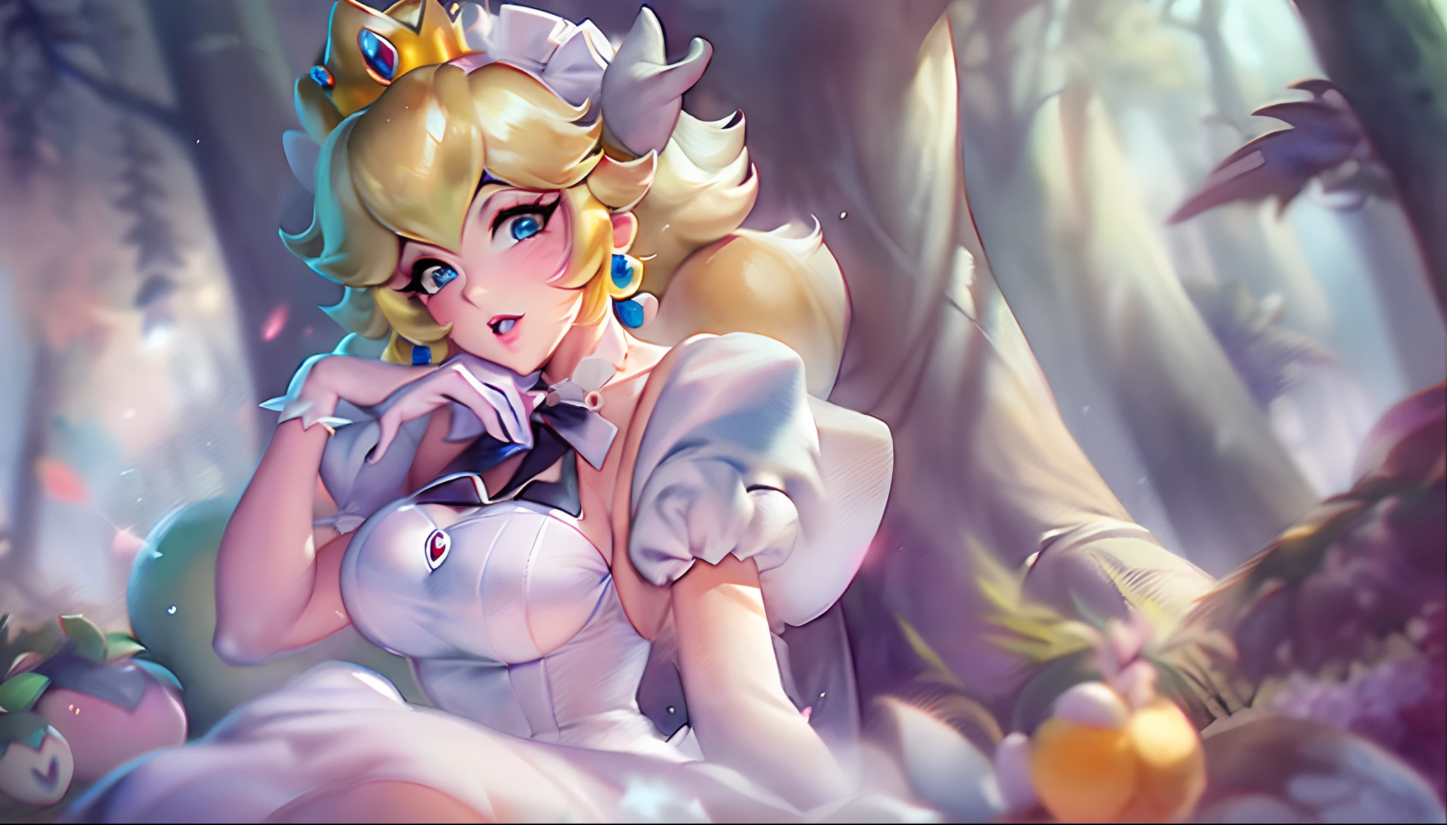 (Princess Peach:1.5),(sexy maid:1.2),(magical forest:1.2),(cutesexyrobutts:1.2),(RossDraw 2.5:1.1),(KDA:1.1),(WLOP:1.1),(Sakimichan:1.1),(watercolor:1.2)
