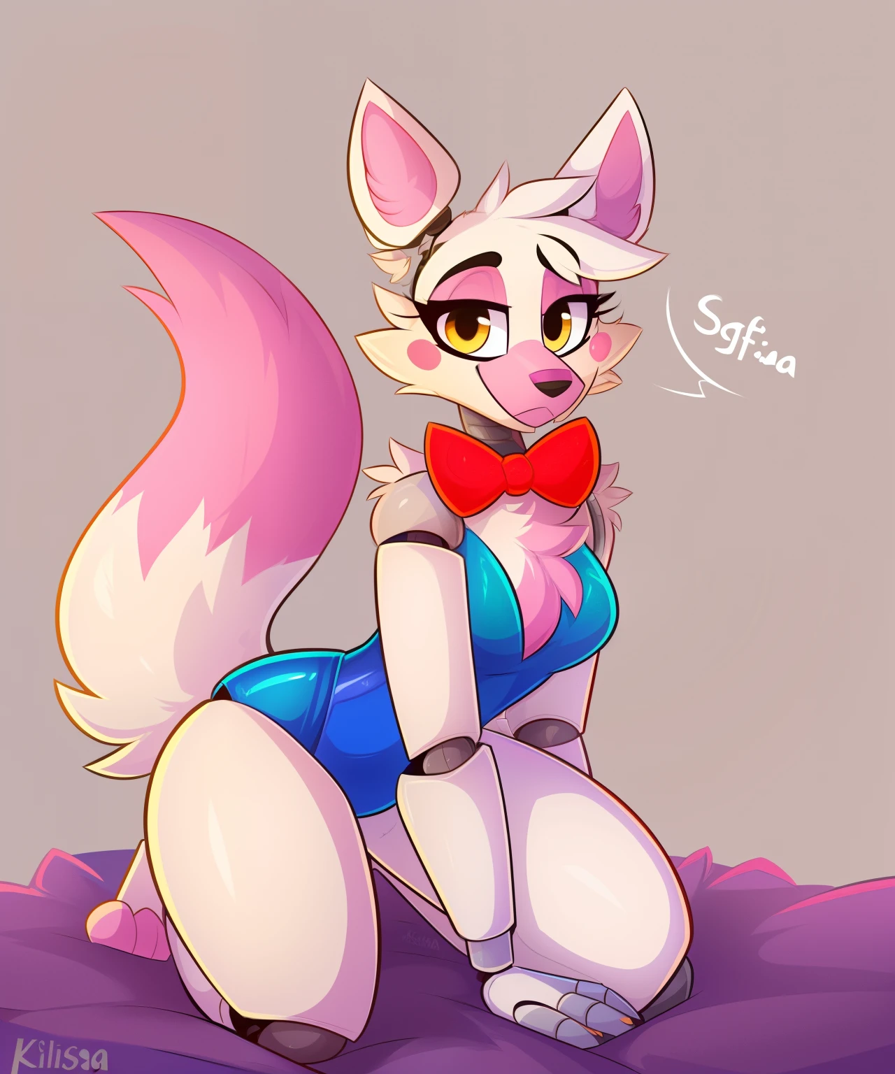 Mangle_(fnaf), manglefnaf, furry female, anthro, fox girl, bowtie, kneeling over the bed, cute pose, portrait, tranquil, solo, (body fur:1.2), (best quality), (simple bedroom background:1.2), (detailed fluffy fur:1.1), looking at viewer, tail, thumbs, pink leotard, ((by Kilinah, by Coffeesoda, by Hioshiru, by Kilinah)), robot, (detached limbs, detached head, animatronic:1.2), bent over, leaning forward, seductive look, half-closed eyes