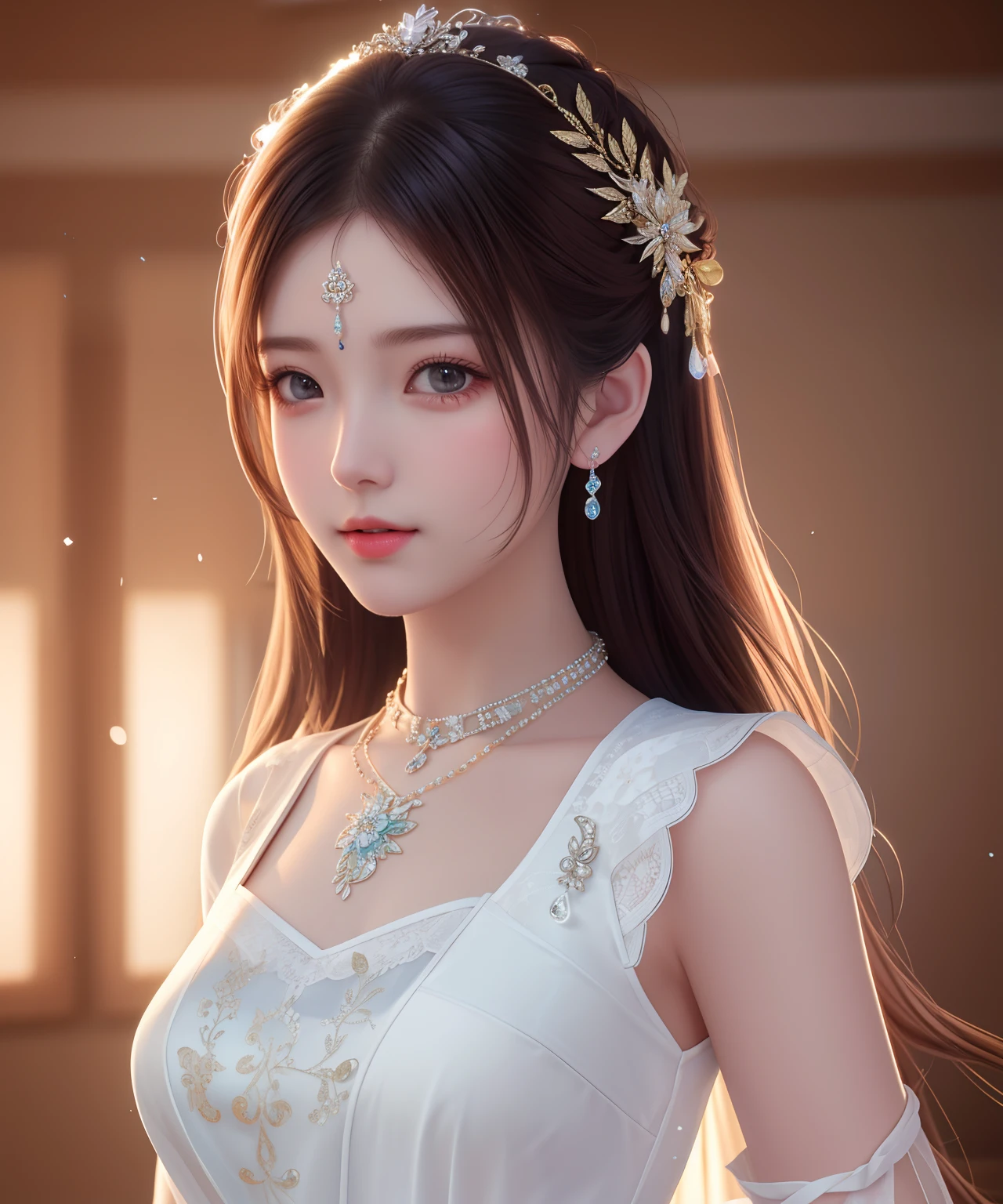 Best quality, masterpiece, high resolution, 1girl, porcelain dress, hair accessories, necklace, jewelry, beautiful face, on the body, Tyndall effect, realistic, dark studio, edge lighting, two-tone lighting, (high detail skin: 1.2), 8k UHD, dslr, soft light, high quality, volumetric light, candid, photo, high resolution, 4k, 8k, background blur,