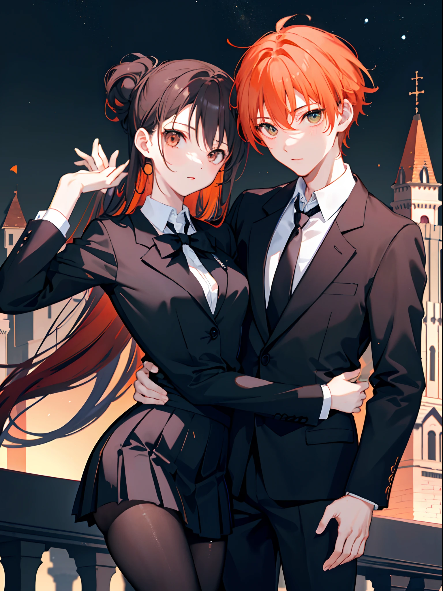 ((Masterpiece)), (Best quality), (Beautiful), (masterwork), (Hyper-realistic), (the wallpaper), (((1girl and 1boy))), (((Hold each other's waist))), ((((view the viewer)))), (The girl has orange hair，The boy has black hair), (((background castle, Night sky))), (couple, Lovers, hetero), (), (Black school uniform，wearing a tie), (Black blazer), Black pantyhose, ((Large breasts)), Pleated skirt, ((parted hair)), ((The boy's hair was tied up))