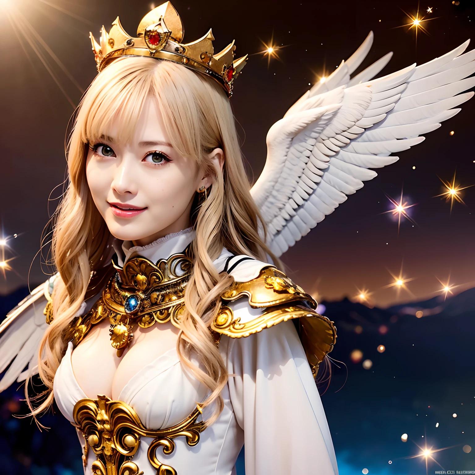 (masutepiece), Professional , ​masterpiece、top-quality、photos realistic , depth of fields （Gemstone Silver Metal Body:1.９),(Matte White、Particles of light、Jewel Gold Weapon、（Flying in the sky),Gorgeous metal weapons,(Detailed and realistic angel white wings) , Detailed Sword of the Brave , Beautiful knife 、delicated face、20 years girl  ,warhammer 40k , adepta sororitas,Detail and ornate jewel crown、blonde、Gangle's forest background、Beautiful Caucasian beauty、１a person、dynamic ungle,(((Detailed and ornate diamond crown)))、Smaller head、A smile、Powerful poses、（Gorgeous castle background）、Beautiful thin fingers of a woman、Seductive look、