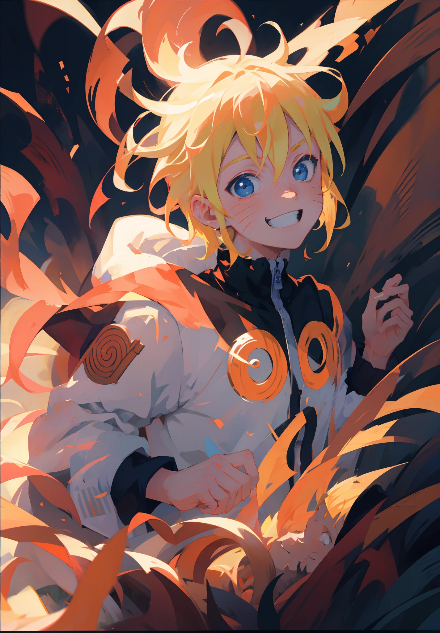 uzumaki naruto, 1boy, masterpiece, best quality,upper body,portrait, looking at viewer,close up, white shirt, sunshine, novel illustration,blurry foreground, fire flames (smiling)
