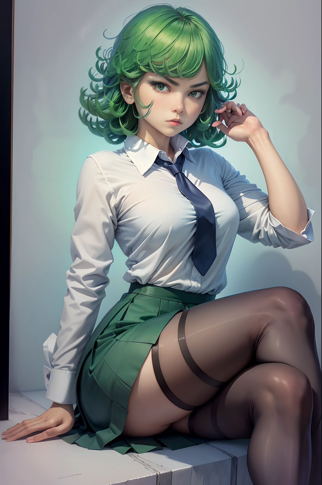 (masterpiece, best quality:1.2), solo, 1girl, tatsumaki, unamused, closed mouth, looking at viewer, hand on own face, sitting, crossed legs, collared shirt, necktie, skirt, pantyhose