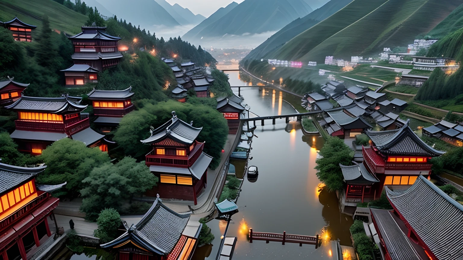nighttime scene，The background is a mountain, View from above, looking from above, photo taken from above, upper view, down view, looking from above, by Muggur, outlines, sichuan, Tibet, Overhead shot, aerial shot from the drone,Chinese village, drone view, bird's eyes view, Arafed view of a village，a lot of lights on the buildings，dreamy Chinese towns，Chinese village，Amazing wallpapers，surreal photo of a small town，old asian village，Japan city，Raymond Han，rainy evening, Cyberpunk ancient Chinese castle, Well-lit building, In the evening in the rain, Beautiful and aesthetic, photography of, cinematic ligh, 8K, high detal ((very heavy rain)))