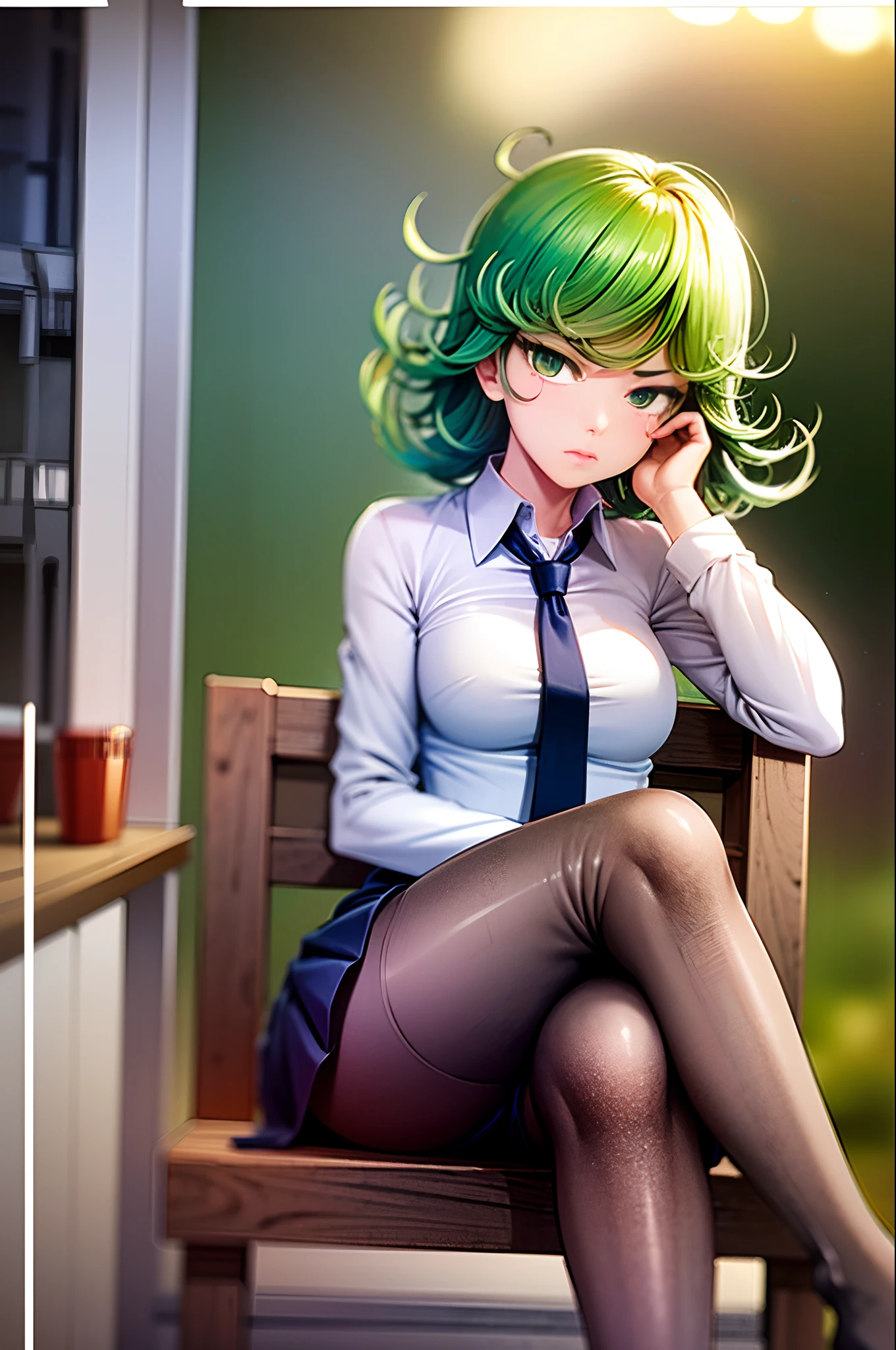 (masterpiece, best quality:1.2), solo, 1girl, tatsumaki, unamused, closed mouth, looking at viewer, hand on own face, sitting, crossed legs, collared shirt, necktie, skirt, pantyhose