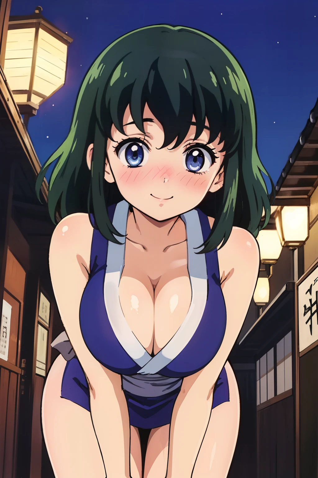 Suma_(Demon_Slayer), best quality, ultra-detailed, high resolution, (cleavage, huge breasts:1.2), black hair, pelvis curtain, blue japanese clothes, revealing clothes, sash, (1990s \(style\),retro artstyle,1990s anime cels style), japan, traditional, outdoors, looking at viewer, sideboob, (nose blush:1.2), smile, closed mouth, from front, night, leaning forward