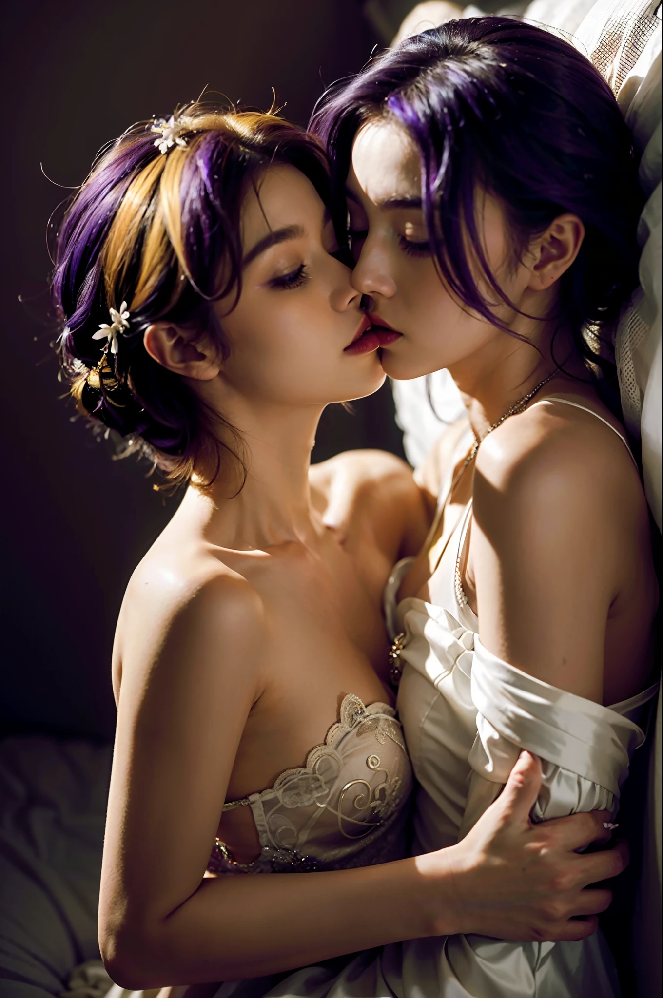 8K, masterpiece, one yellow hair and one purple hair, pushed down on bed, romanticism, lesbian kiss, lesbian hug, kiss each other, bride, kiss together, hug each other, kiss together perfectly, cutely, goddess, two beautiful women in love