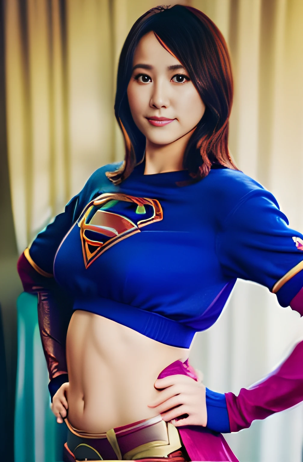 masterpiece、Supergirl Cosplay、Ultra mini skirt、Navel out、Hands on the hips、large full breasts、Colossal tits、Looking at the camera、hotpants、Body Conscious
