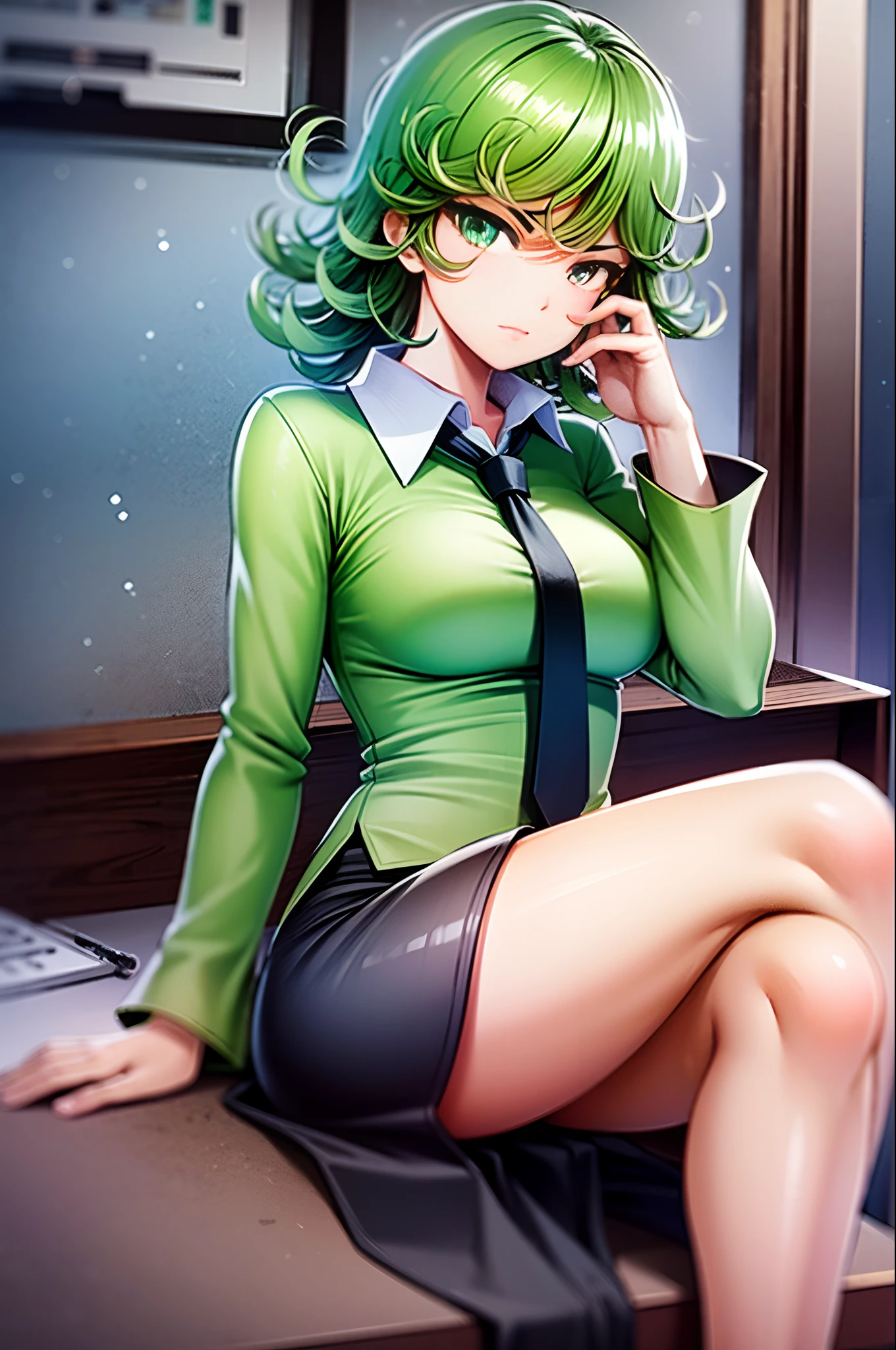 (masterpiece, best quality:1.2), solo, 1girl, tatsumaki, unamused, closed mouth, looking at viewer, hand on own face, sitting, crossed legs, collared shirt, necktie, skirt, pantyhose