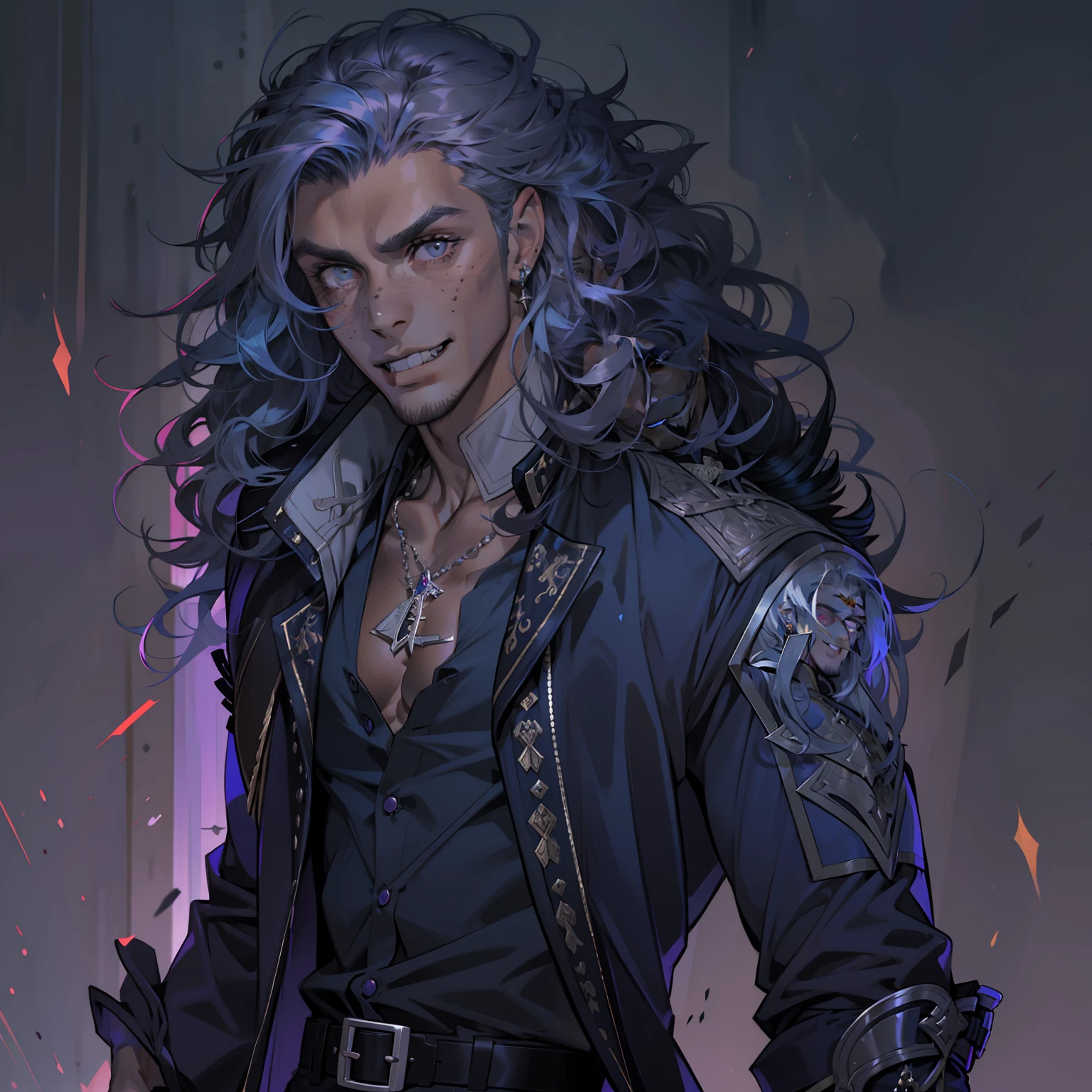 Handsome vampire male. Ash grey hair. Long curly hair. Royal attire. Muscular body. Freckles. Piercings. Hazel green eyes. Arrogant expression. Dark brown skin. Curly hair. 9 ft tall. Big bulge in pants. Blue hair tips. Purple eyes. Black shirt. Fangs. Mischievous smile.