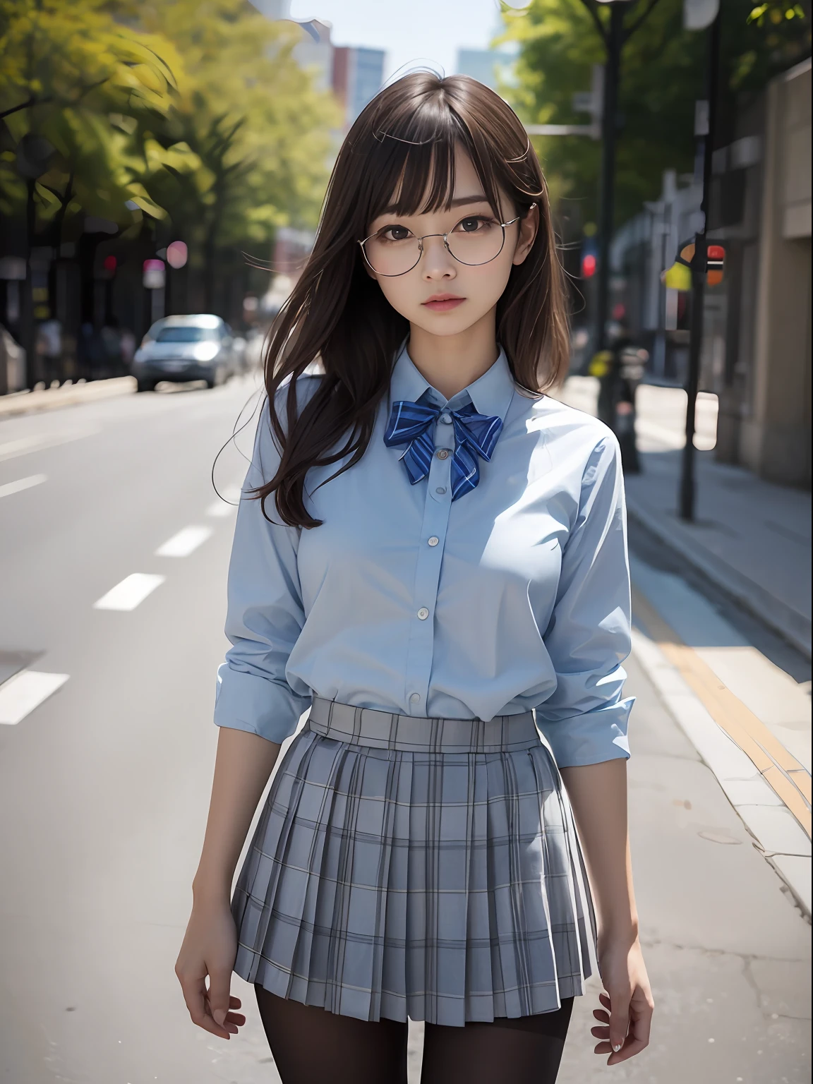 (Twin-tailed),（8K、Raw photography、top-quality、​masterpiece：1.2),glamor,Chromo-white skin,cocky,School,watching at viewers,Looking at the front,Muchimuchi,Erotic,Pupils,(Light blue bra seen through the shirt),de pele branca,kne,((Black pantyhose)),absurderes,a small face,small tits,flat breast,Parting the bangs from the middle、Forehead visible,(a cold expression,Tight eyes,glares,Bullish,skinny,Rasping,irate)、​masterpiece,top-quality、超A high resolution,Raw photo,ren,Beautiful fece,One Person, 独奏,eye glass,,Dark look,Small breasts,fullllbody,Round glasses,JK school uniform,hi-school girl,A Japanese Lady,is standing,（Photorealsitic：1.37）、Photon mapping,Realistic、Beautie,Cute little face,Brown-eyed、Black socks、(Red bow tie)、Radio City、Physically Based Rendering、depth of fields、Blurry background、a picture,Body,beauty legs, Long legs, Thin leg,(Bangs are visible), hair, s lips, Blue_The eye, nosesoft,(Light blue shirt), (Navy and blue and white plaid pleated skirt), Knees are visible,Sheer clothing,, Thigh, Black cotton socks,Nogizaka Idol, 女優, Japanese ido