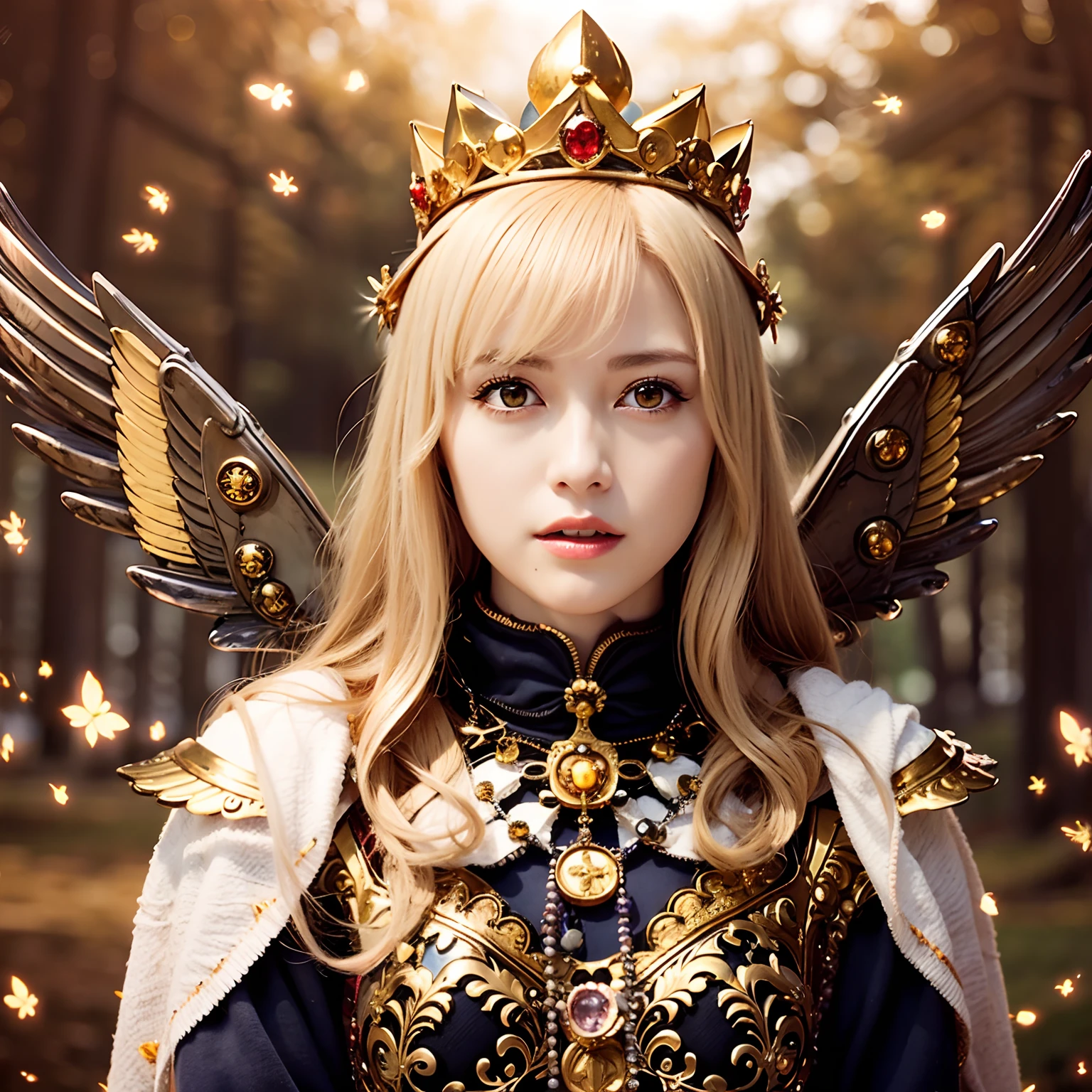 (masutepiece), Professional , ​masterpiece、top-quality、photos realistic , depth of fields （Gemstone Silver Metal Body:1.９),(Matte White、Particles of light、Jewel Gold Weapon、（Flying in the sky),Gorgeous metal weapons,(Detailed and realistic angel white wings) , Detailed Sword of the Brave , Beautiful knife 、delicated face、20 years girl  ,warhammer 40k , adepta sororitas,Detail and ornate jewel crown、Blonde、Gangle's forest background、Beautiful Caucasian beauty、１a person、dynamic ungle,(((Detailed and ornate diamond crown)))、Smaller head、A smile、Powerful poses、（Gorgeous castle background）、Beautiful thin fingers of a woman、Seductive look、