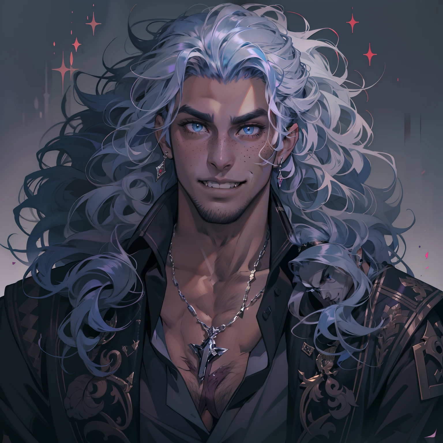 Handsome vampire male. Ash grey hair. Long curly hair. Royal attire. Muscular body. Freckles. Piercings. Hazel green eyes. Arrogant expression. Dark brown skin. Curly hair. 9 ft tall. Big bulge in pants. Blue hair tips. Purple eyes. Black shirt. Fangs. Mischievous smile.