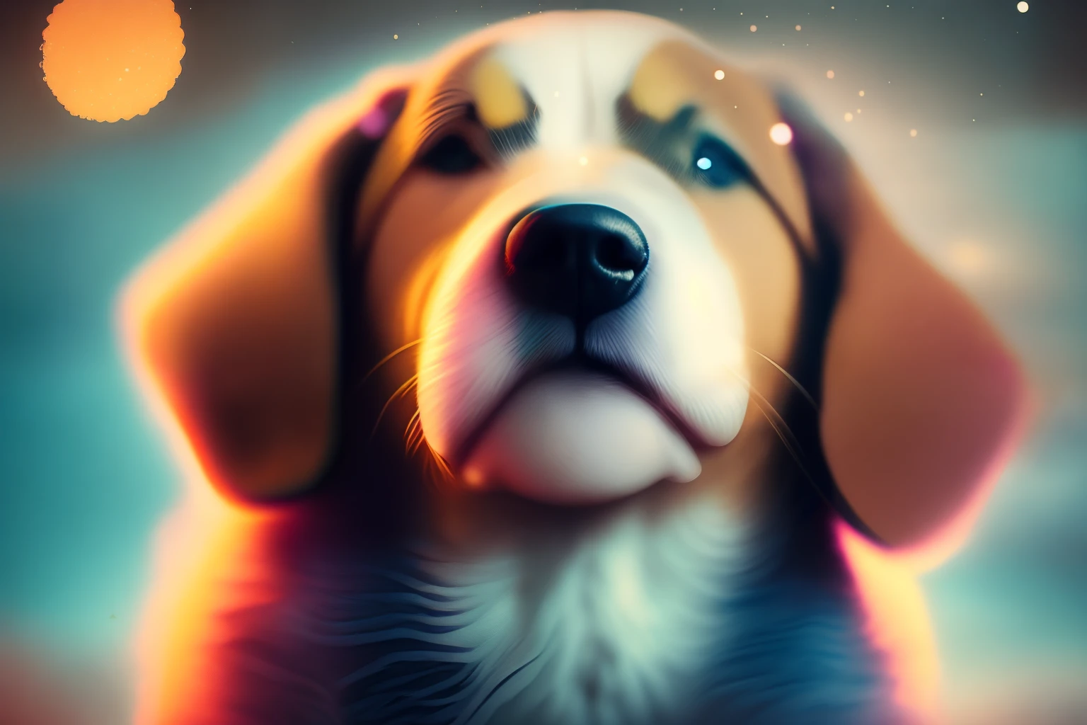 (retrato premiado de um cachorrinho feliz voando nas nuvens, bokeh, retroiluminado)