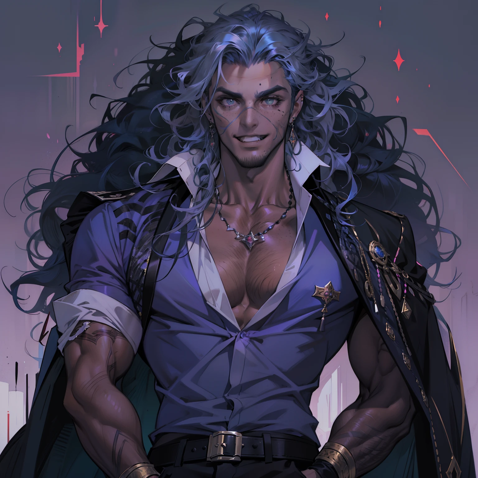 Handsome vampire male. Ash grey hair. Long curly hair. Royal attire. Muscular body. Freckles. Piercings. Hazel green eyes. Arrogant expression. Dark brown skin. Curly hair. 9 ft tall. Big bulge in pants. Blue hair tips. Purple eyes. Black shirt. Fangs. Mischievous smile.