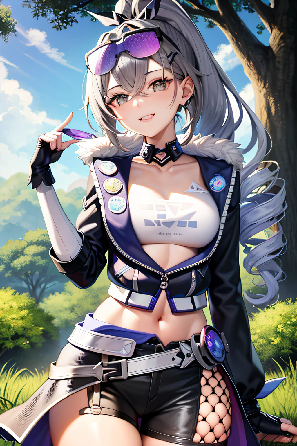 tmasterpiece， Best quality at best， SilverWolf V4， 1girll， 独奏， looking at viewert， ssmile， hair adornments， mitts， hair between eye， jewely， jaket， 耳Nipple Ring， black glove， Fingerless gloves， sun glasses， glasses on head， forest behind， Sweet laugh