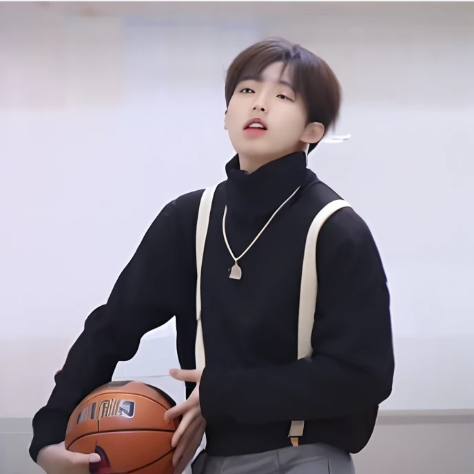 Close-up of a man holding a basketball in a room, Cai Xukun, Inspired by Bian Shoumin, Inspired by Song Maojin, Inspired by Zou Yigui, jungkook, young wan angel, yanjun cheng, park jimin, inspired by Kun Can, Ruan cute vtuber, wearing basketball jersey, taehyung eating gucci fries, xqc