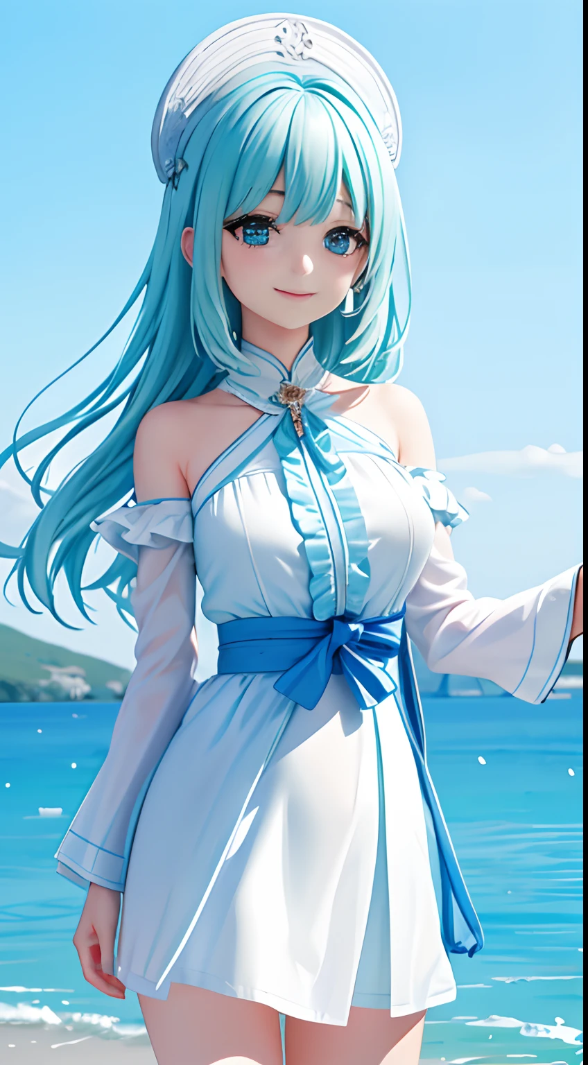 (tmasterpiece, top-quality, best qualityer, Watercolor wind, offcial art, Beauty and aesthetics:1.2, s fractal art:1.3), (1girll:1.3, s fractal art:1.3, Side bust, Look at the audience with a smile), Greek mythological figure in mint green trench coat, Swiftlet blue short curls, Dull green eyes, Ocean and river in the background.