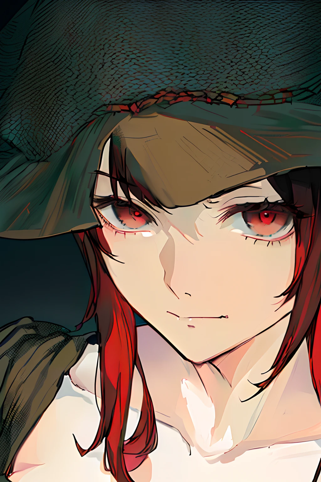 Anime girl with red hair and black hat, kurisu makise steins gate anime, close up of a young anime girl, kurisu makise, medium close up shot, made with anime painter studio, Also, with glowing red eyes, red eyes glowing, Anime style. 8K, roguish smirk，Black cape