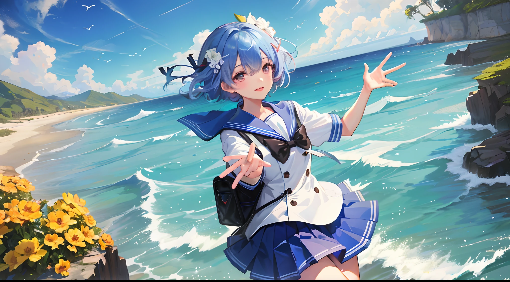 tmasterpiece, best qualityer, with a simple background, High resolution CG, Rem with short blue hair, Ocean coast, Happy smile, Perfect hands, Cute school uniform, Gentle Sera , Ripple effect。