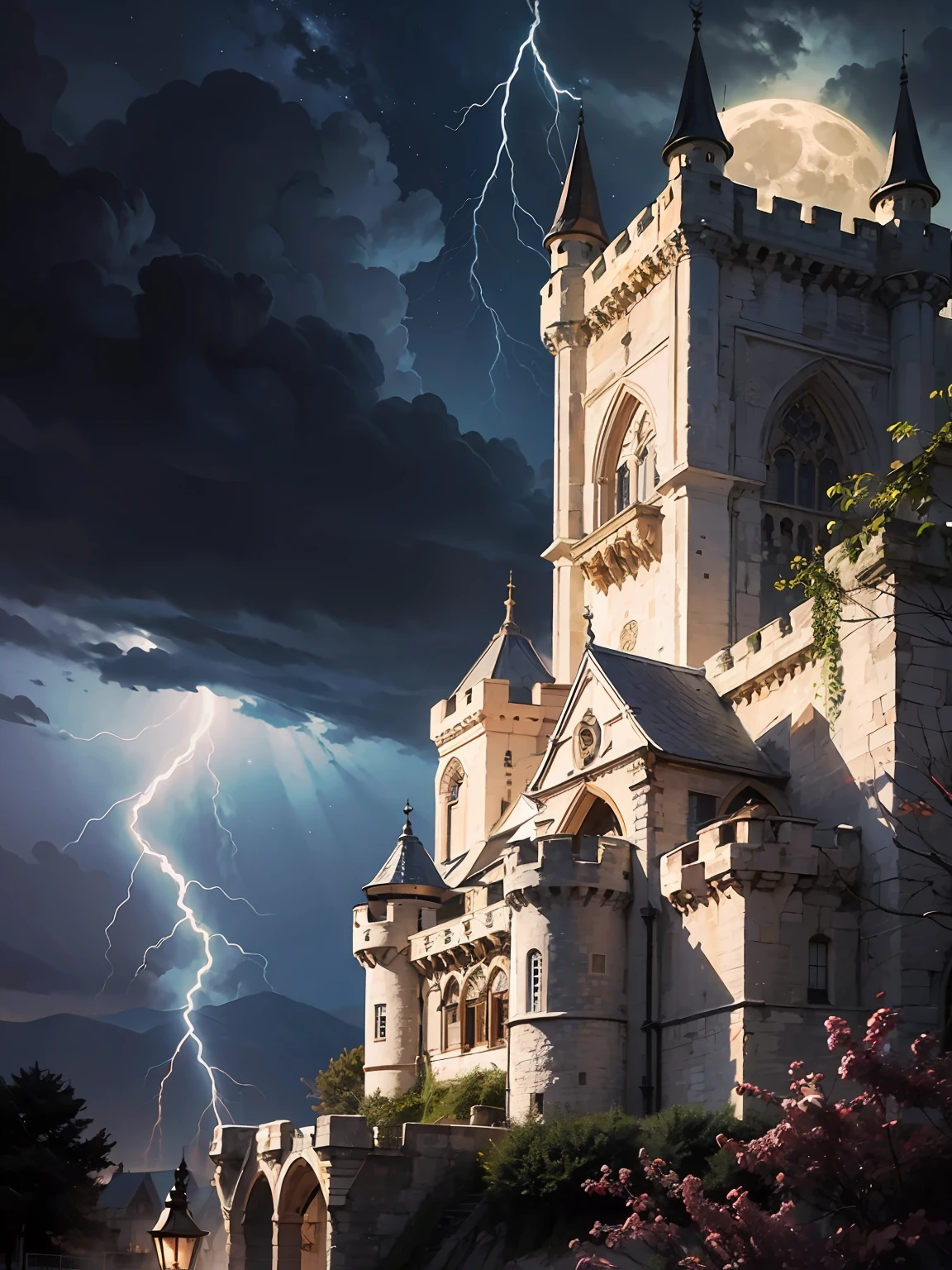 Capa para um livro de romance de lobisomens. gothic theme. Hyper realista. Super detalhado. Qualidade 8k. Lua cheia. Castelo. Lightning and thunder and full moon. Obra prima. Realista. Background only